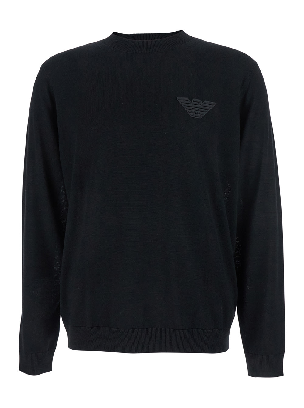 Emporio Armani Black Crewneck Sweater With Logo Embroidery On The Front In Wool Man In Black