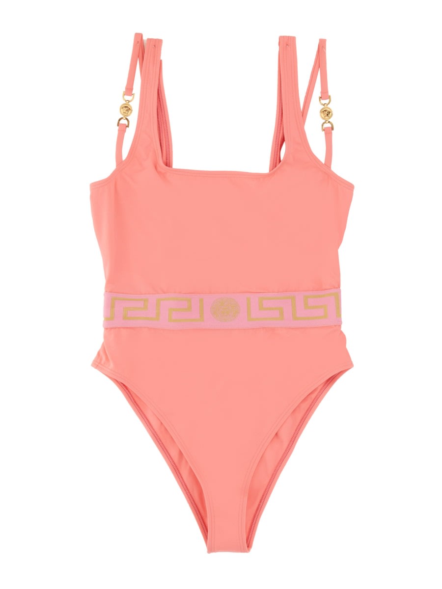 Shop Versace One Piece Swimsuit With Medusa Greca Border 95 In Pink