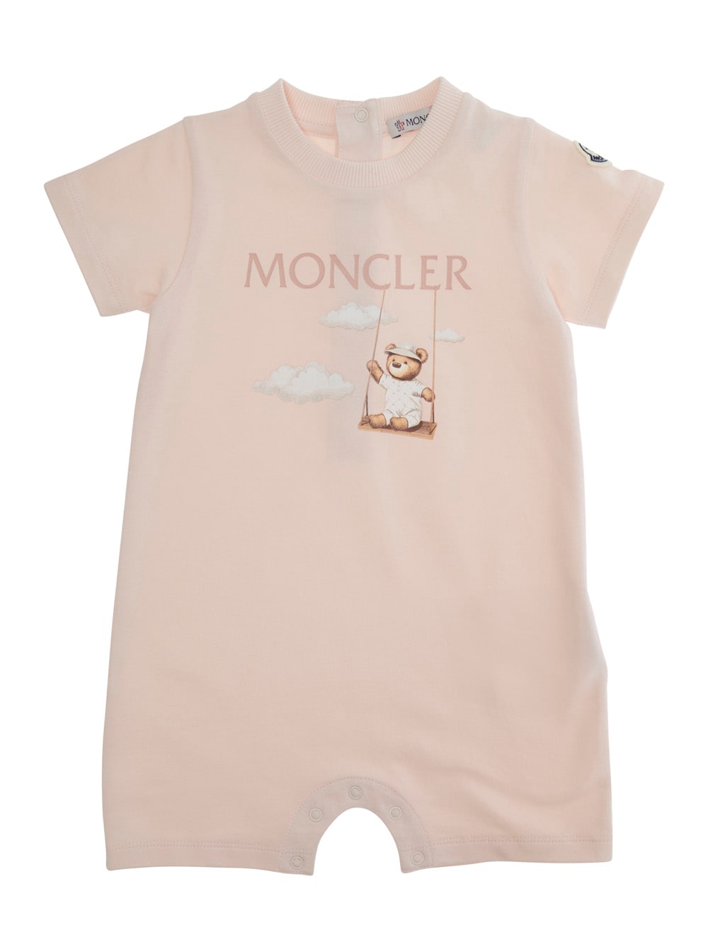 Moncler Pink Romper With Logo Patch On The Sleeve And Front Print In Cotton Baby In Neutral