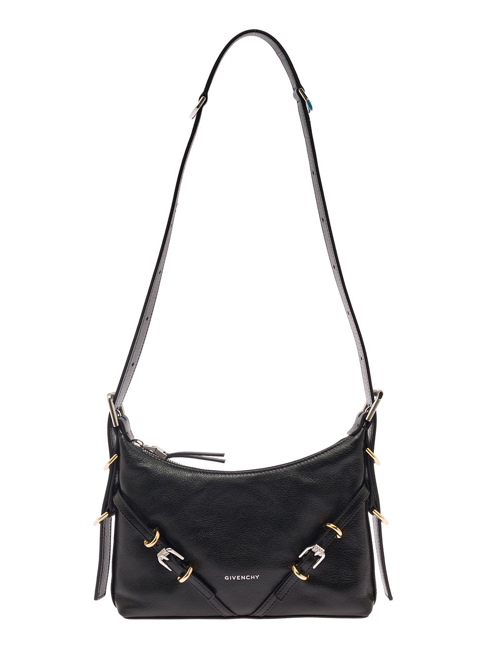 Givenchy Mini Voyou Black Shoulder Bag With Buckles Embellishment In Hammered Leather Woman