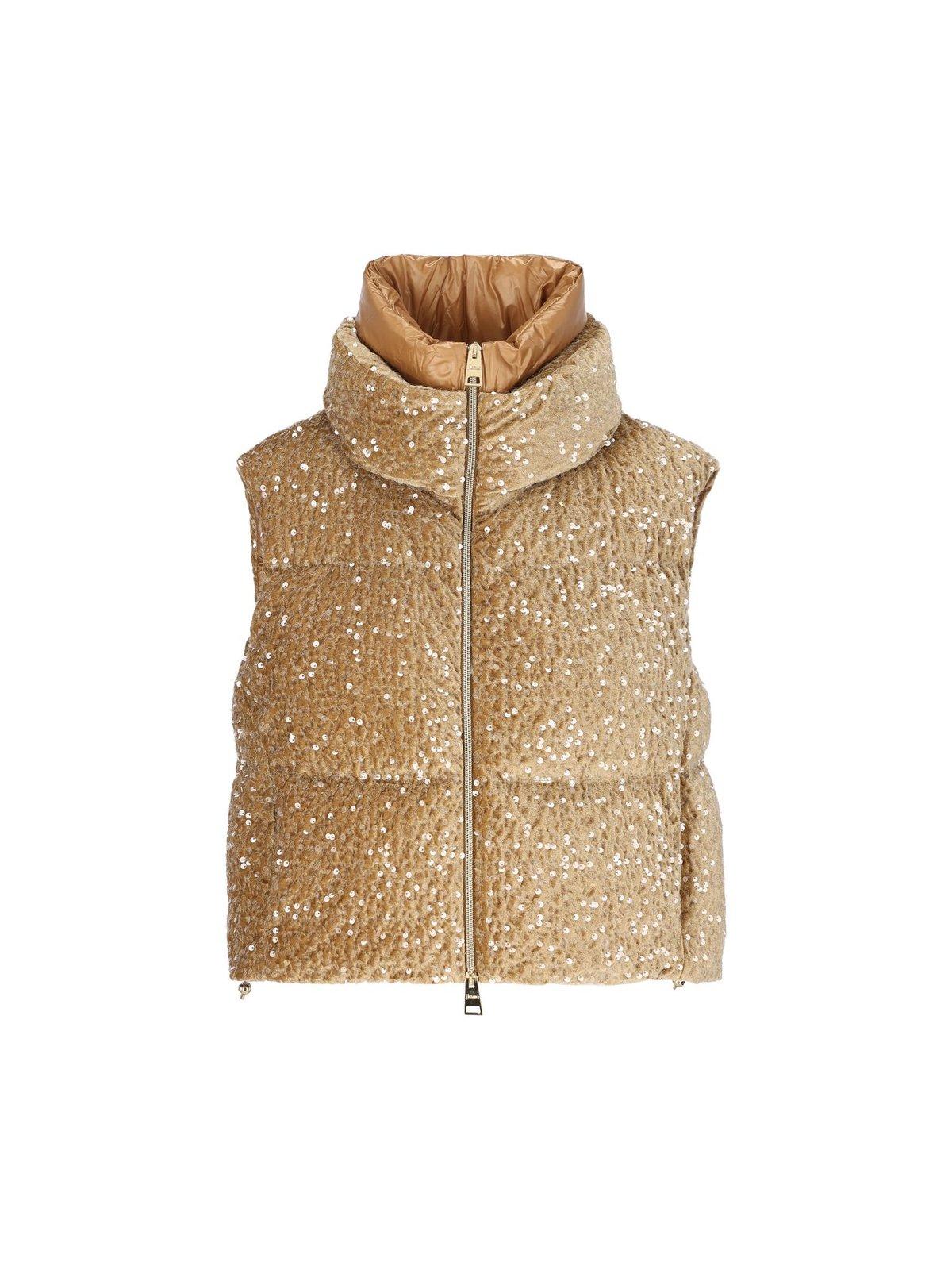 Shop Herno Sequin Embellished High Neck Jacket In Camel