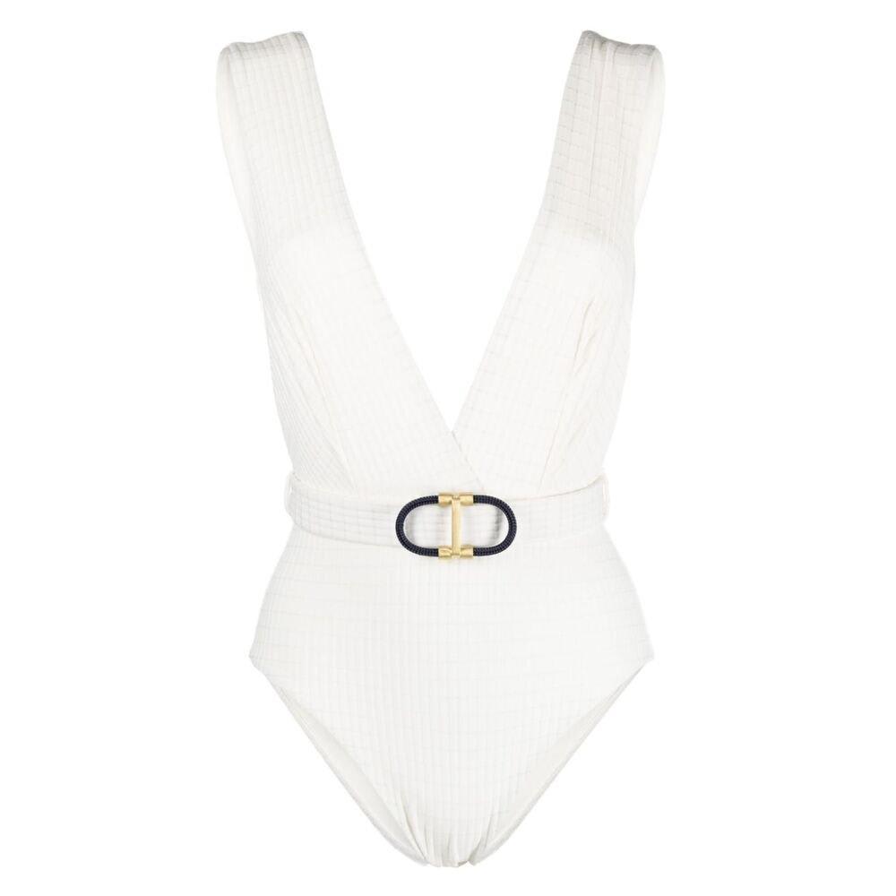 Shop Zimmermann Buckle Detailed Plunge Swimsuit In White