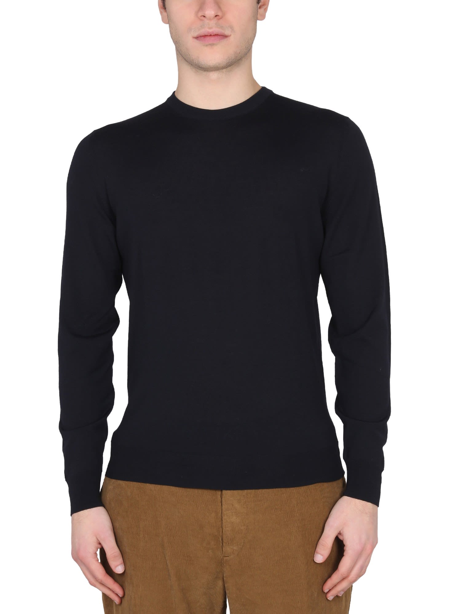 Drumohr Tailored Cross-neck Wool Jersey With Ribbed Collar In Blu