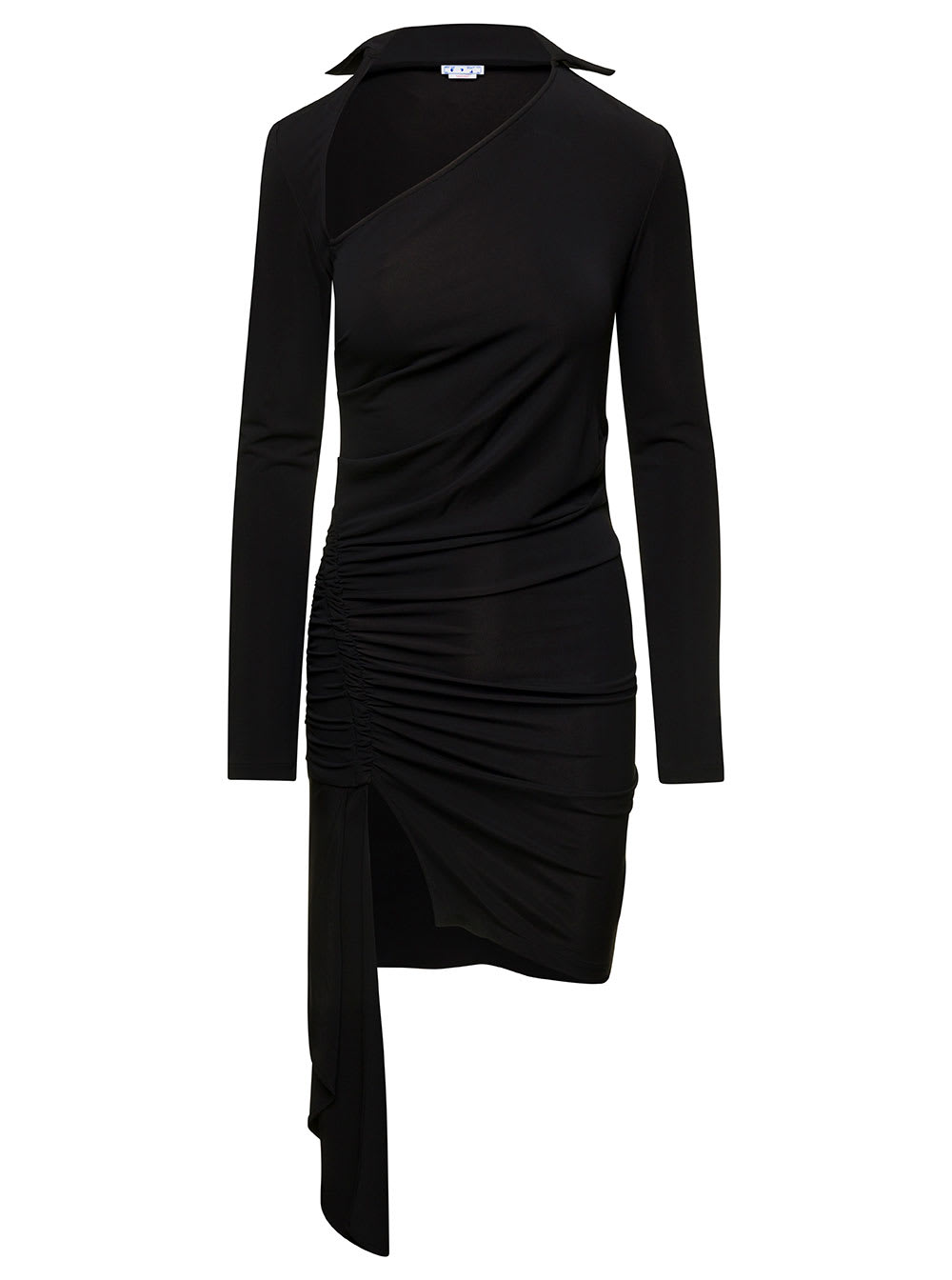 Shop Off-white Mini Asymmetric Black Dress With Cut-out And Ruffle Detail In Viscose Stretch Woman