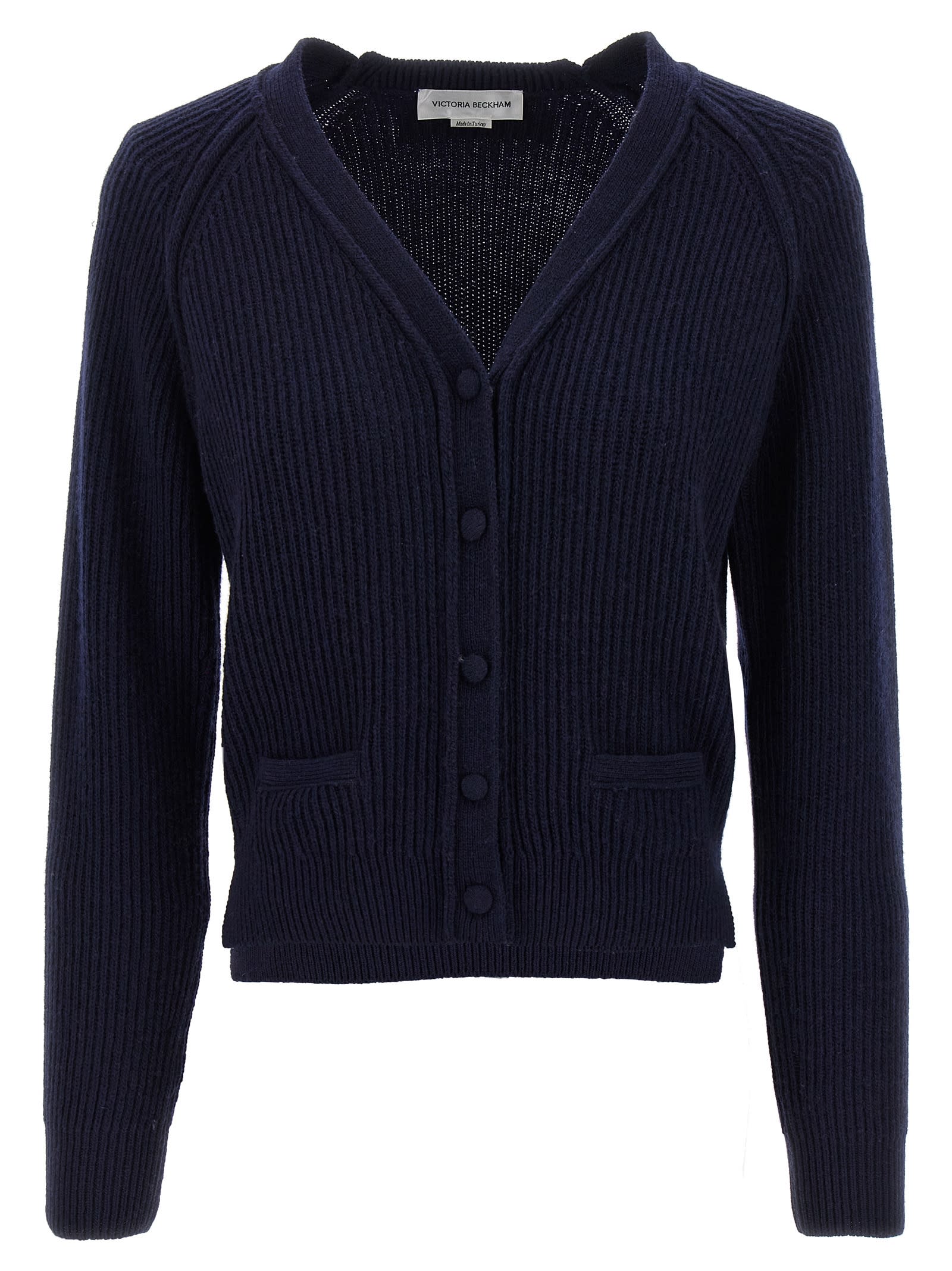 Victoria Beckham Navy Blue Stepped Hem Cardigan In Blue