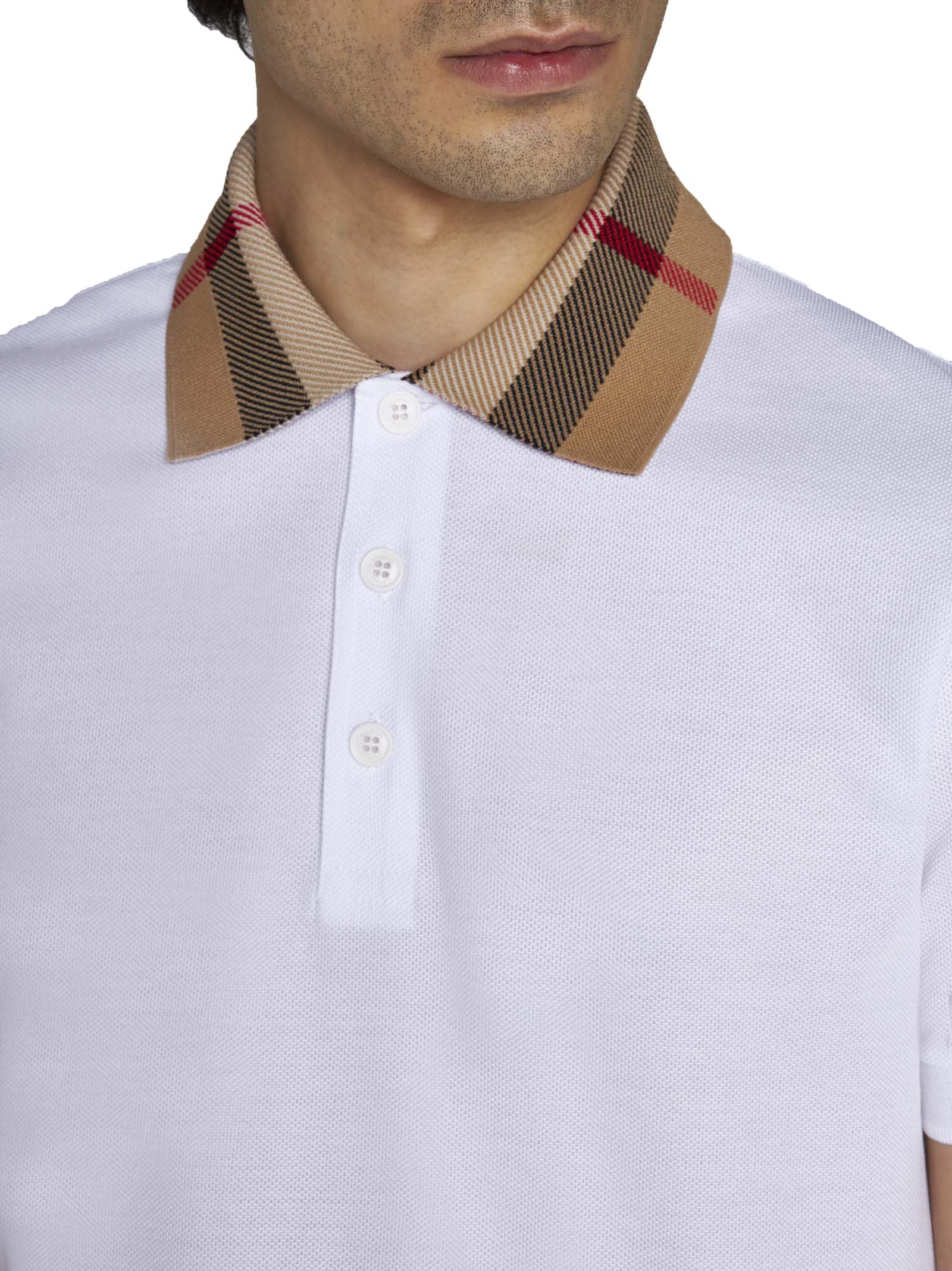 Shop Burberry Check Collar Cotton Polo In White