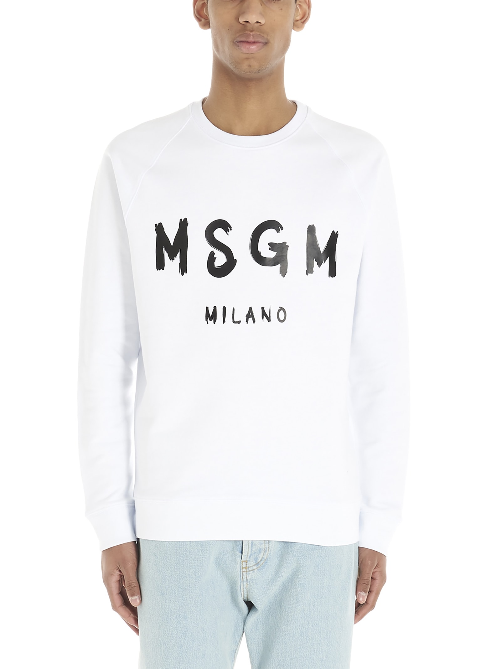 Msgm Cream Cotton Crewneck Sweatshirt With Brush Logo Print In White