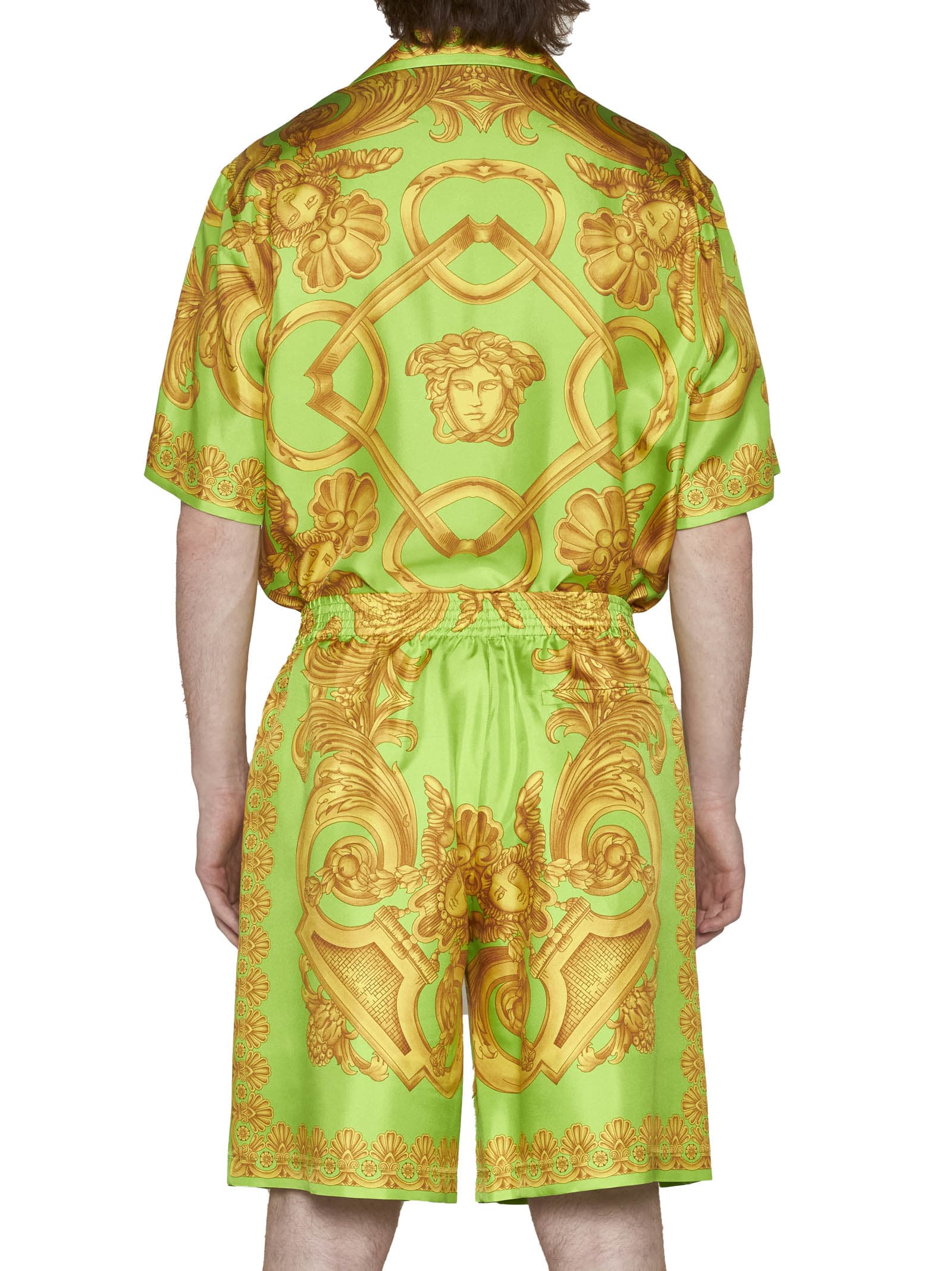 Versace Green And Gold Shorts With All-over Barrocco Print In Silk Man In Lime Gold