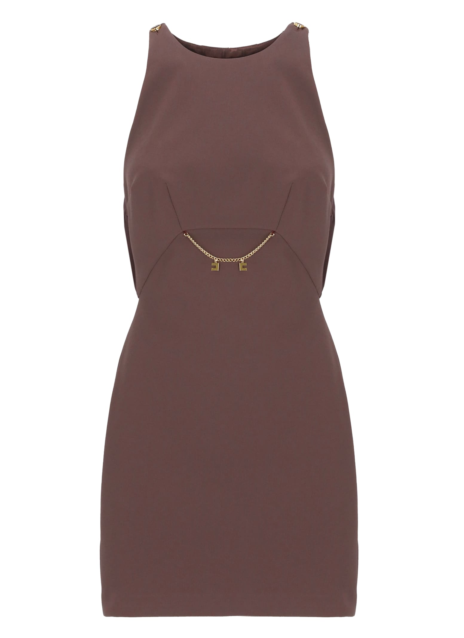 Elisabetta Franchi Bordeaux Sleeveless Dress With Chain Decoration On The Front In Fabric Woman In Brown