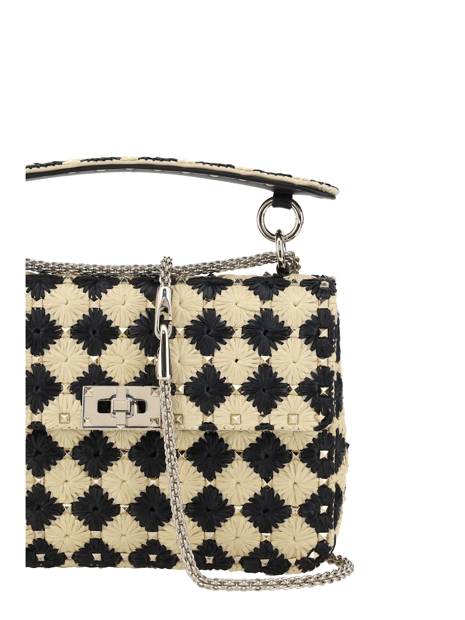 Valentino Garavani Two-tone Raffia Medium Rockstud Spike Handbag In Naturale/nero