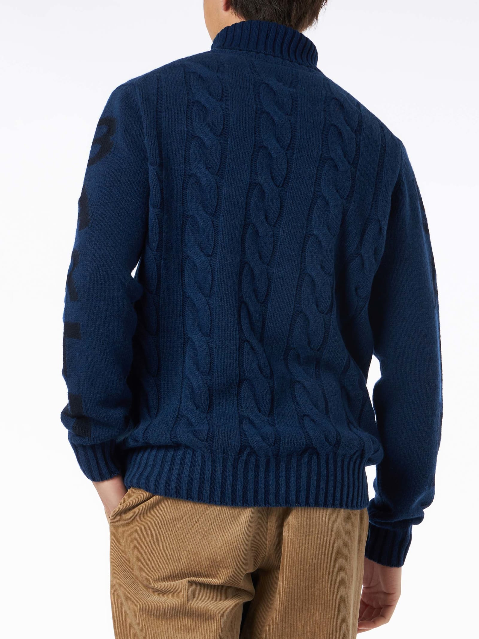Mc2 Saint Barth Man Heavyweight Turtleneck Braided Blue Vintage Sweater In Blue