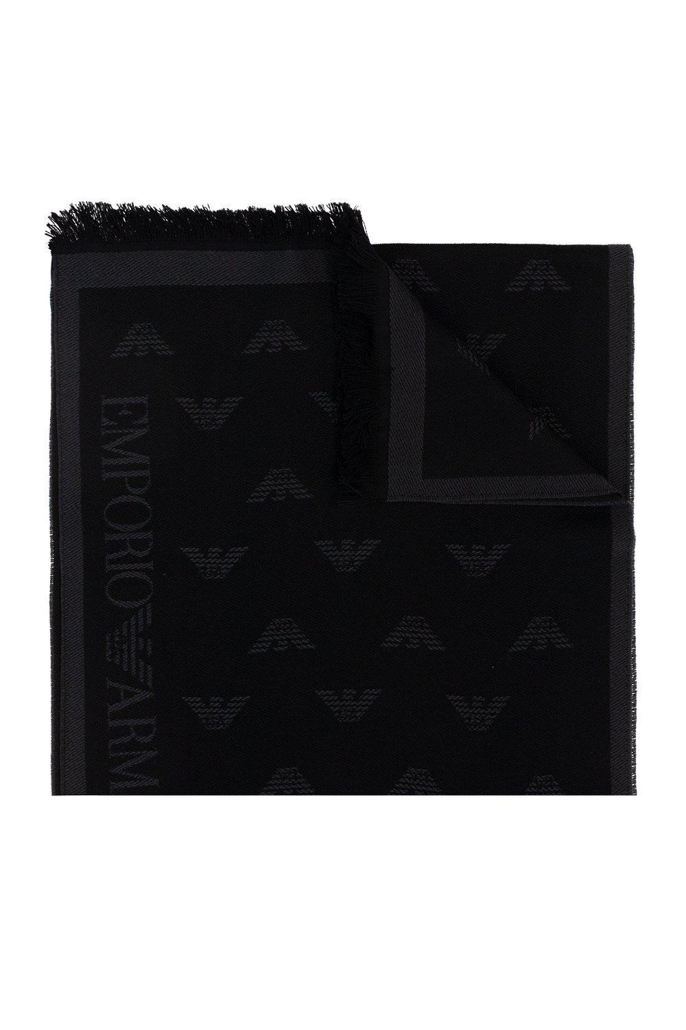 Emporio Armani Logo Embroidered Frayed Edge Knitted Scarf In Charcoal