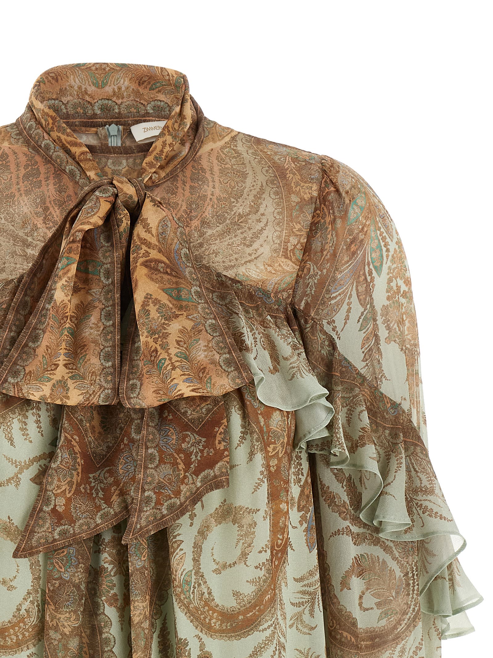 Zimmermann Memento Flutter Paisley Pussy Bow Top In Brown