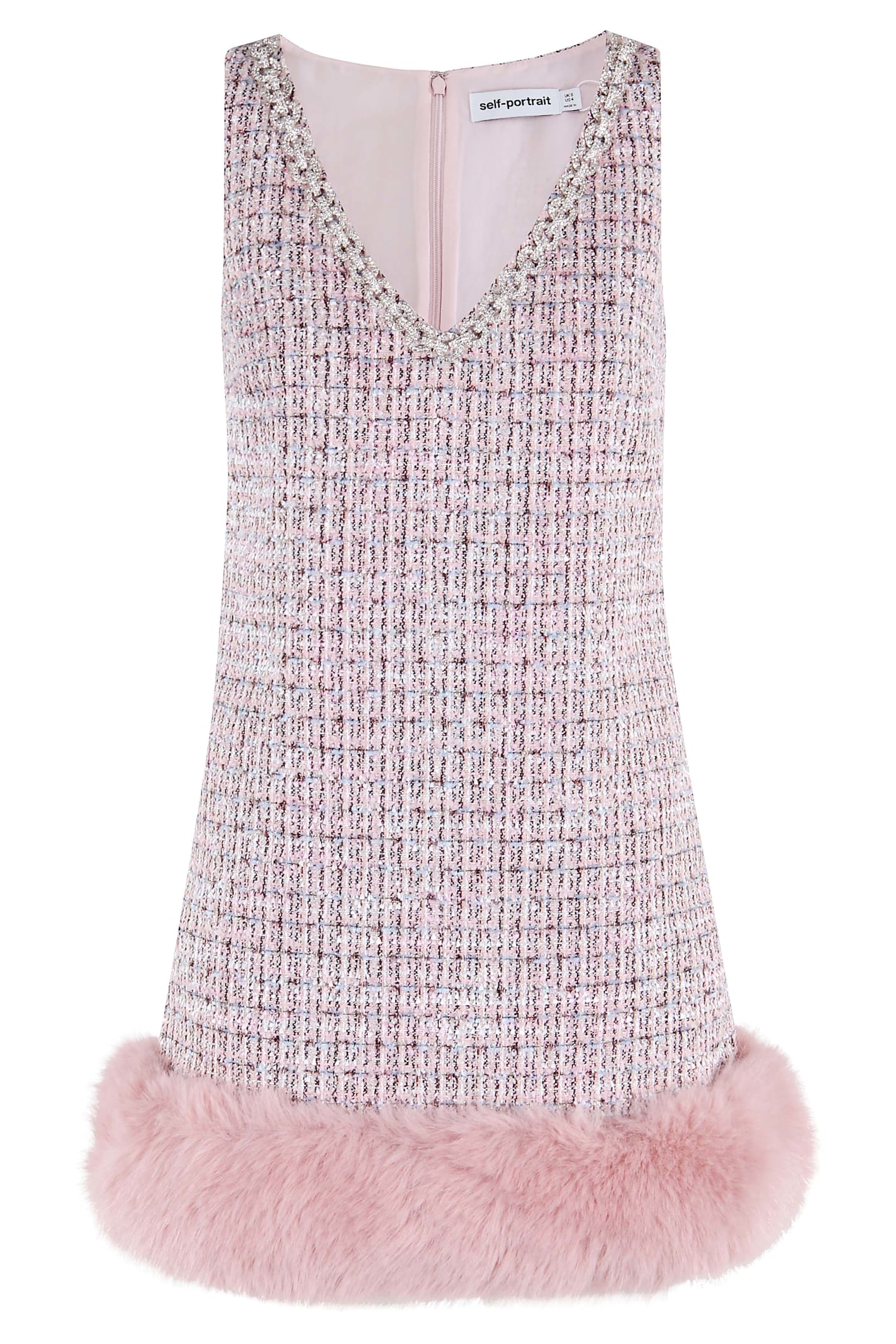 Self-portrait Pink Boucle Fur Hem Mini Dress