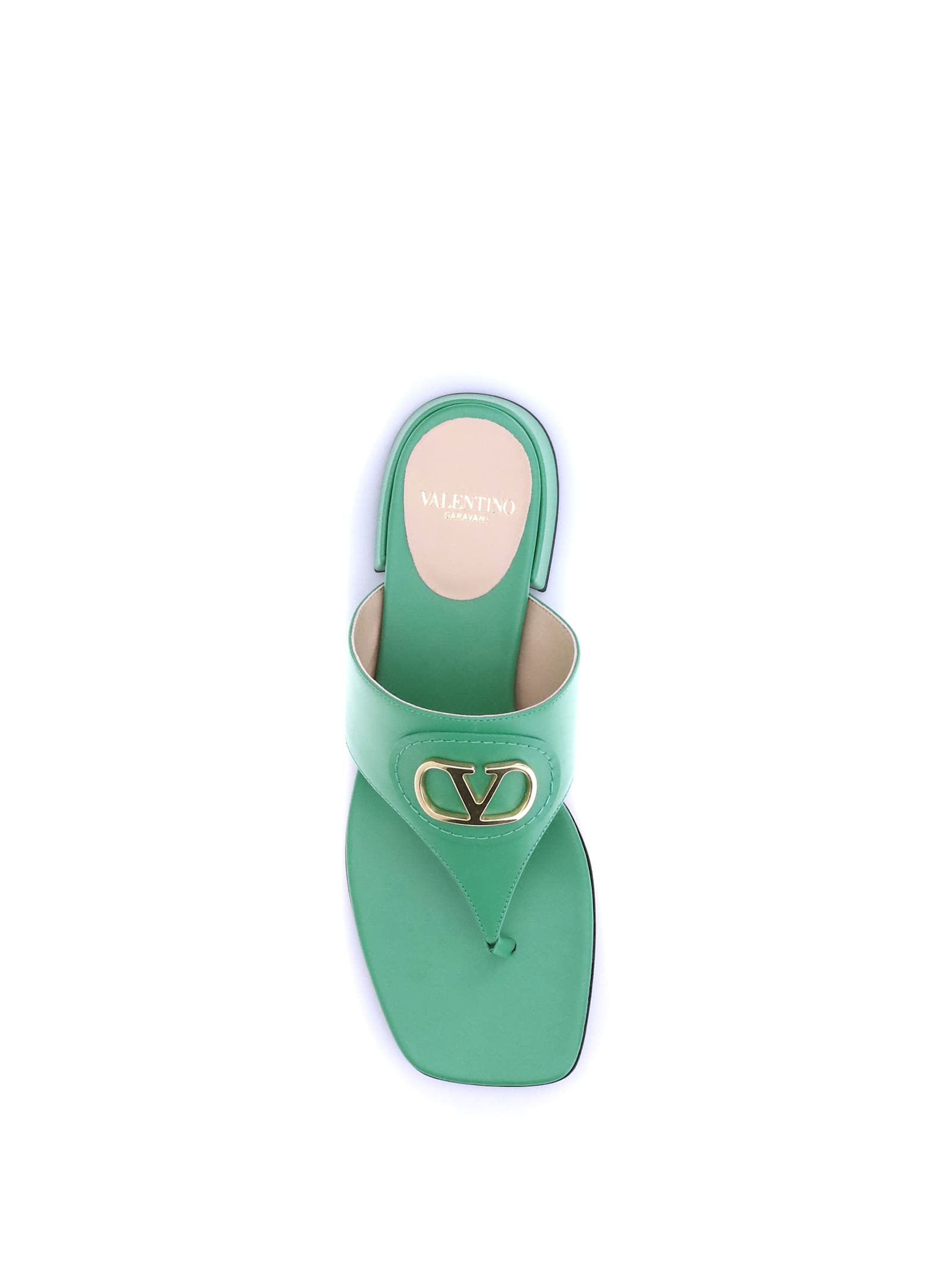Valentino Vlogo Leather Thong Sandals With Squared Toe In Green