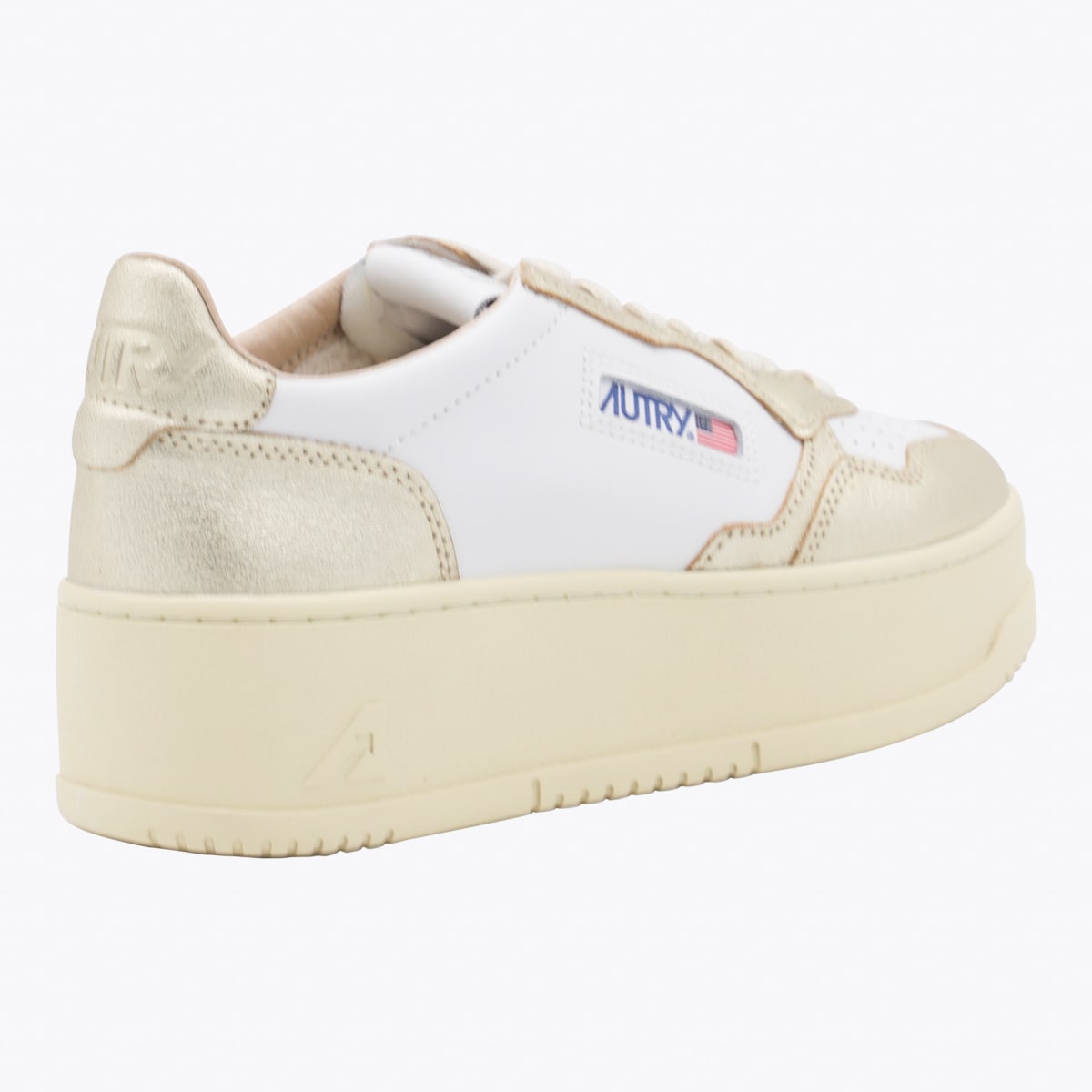 Autry Low Top Leather Sneakers With Metallic Panels In Gold