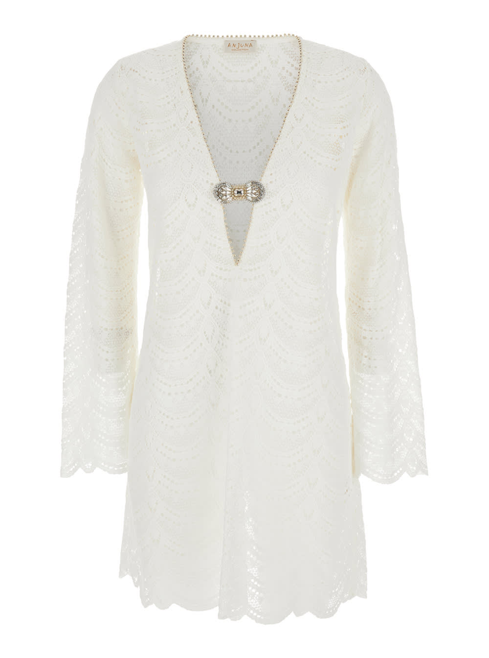 White Dress With V Neck And Jewel Detail On The Front In Cotton Woman