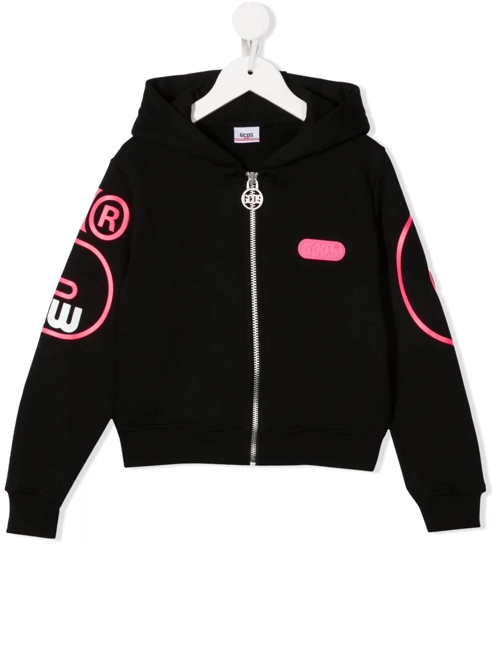GCDS Mini Kids Black Hoodie With Zip And Pink Macro Logo