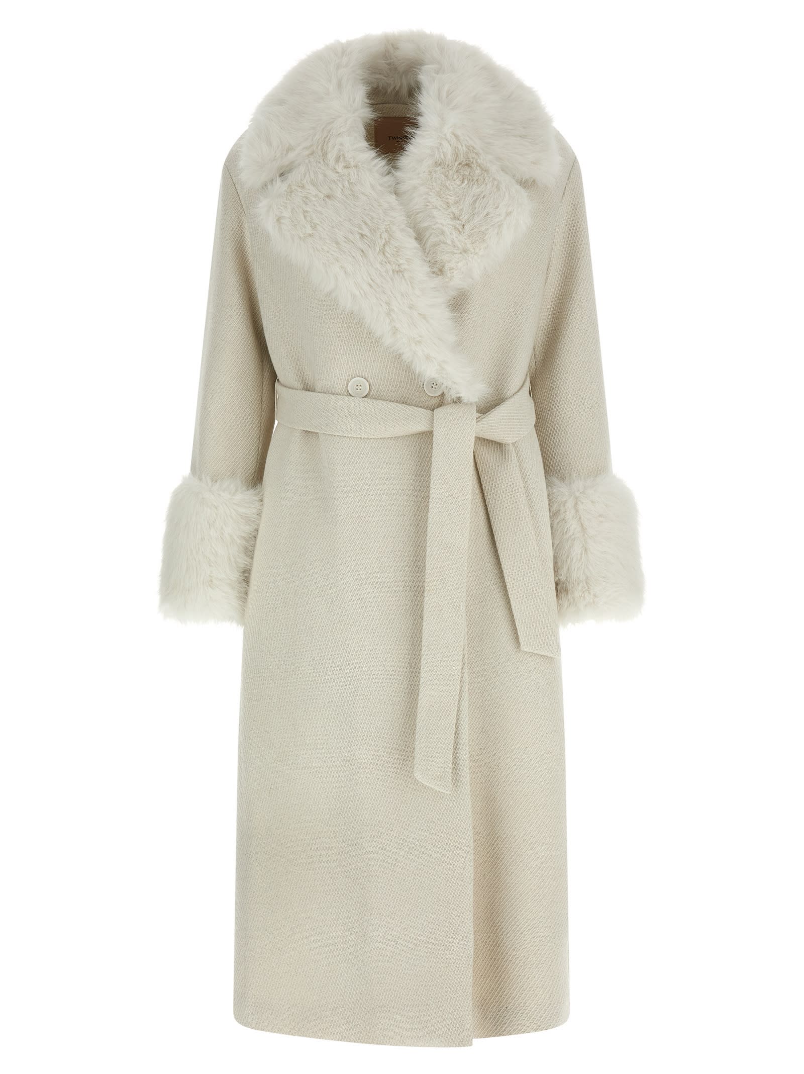 Twinset Lamé Thread Coat In Neutral