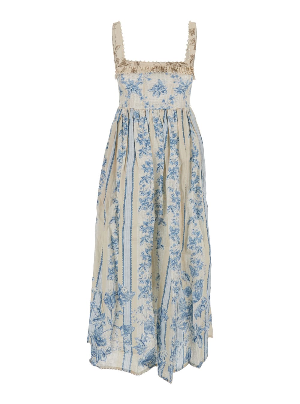 barbara Blue Long Dress With All-over Floral Embroidery In Linen Woman