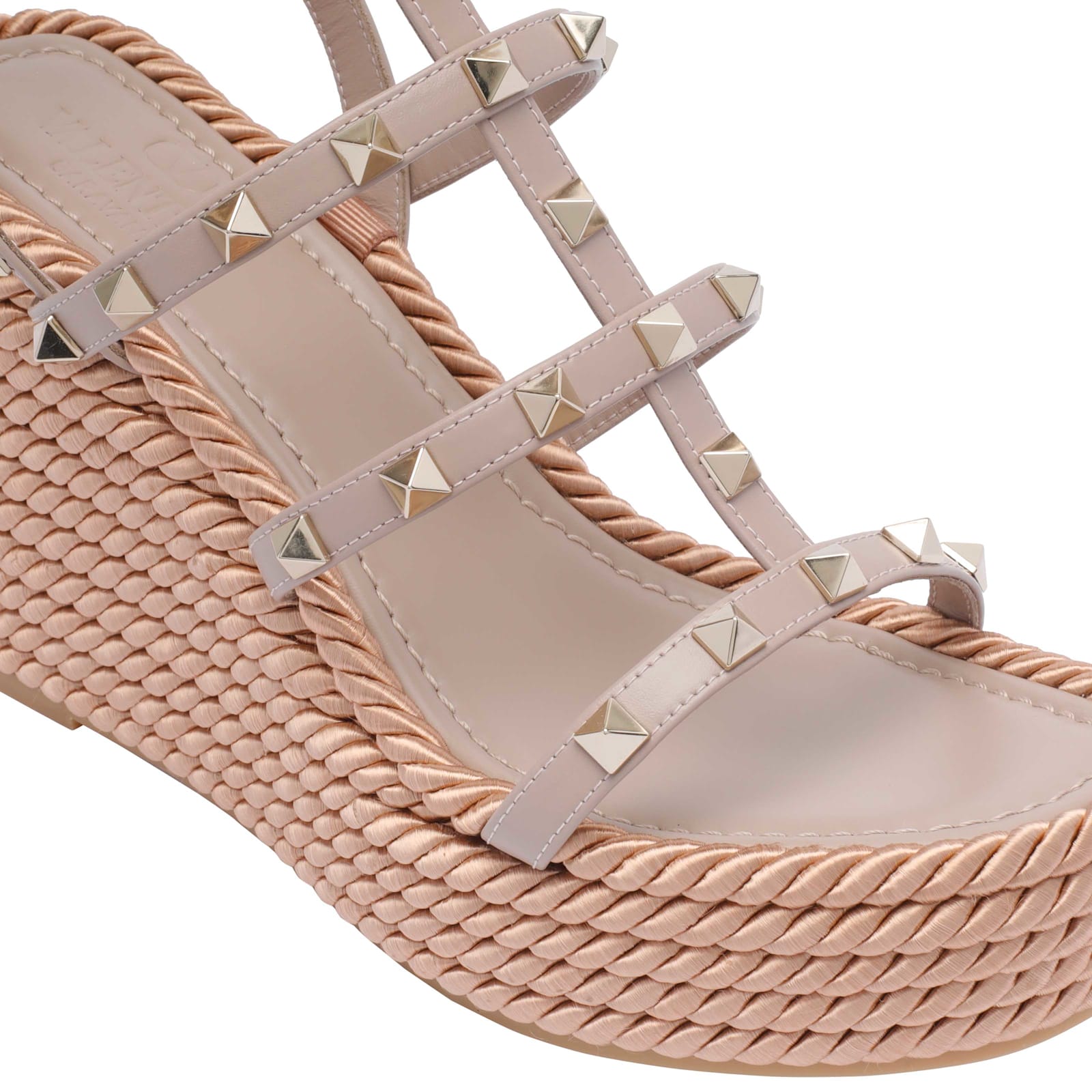 Valentino Studded Leather Wedge Sandals With Rafia Platform In Pink