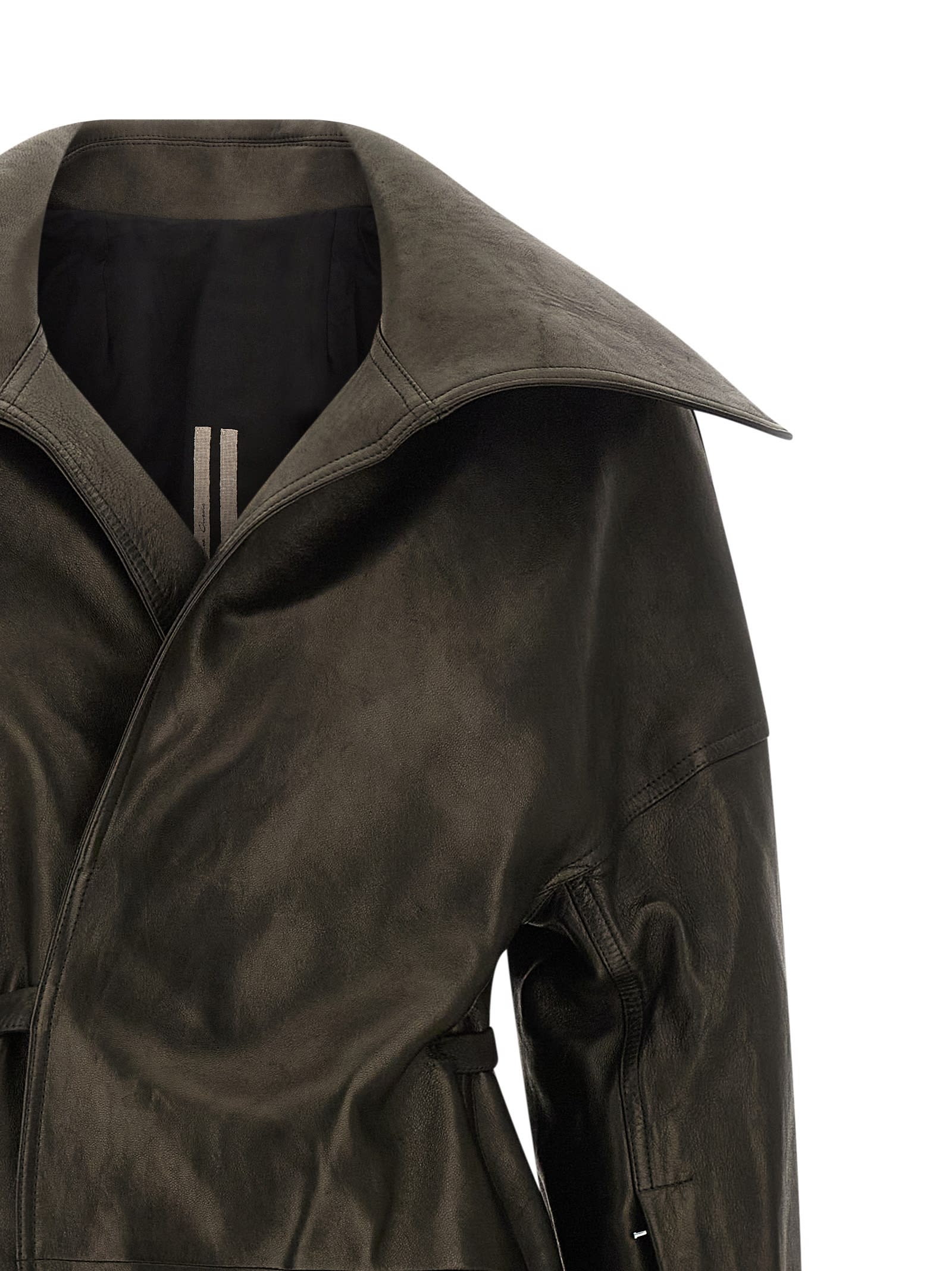 Rick Owens Dracucollar Belted Leather Coat In Green