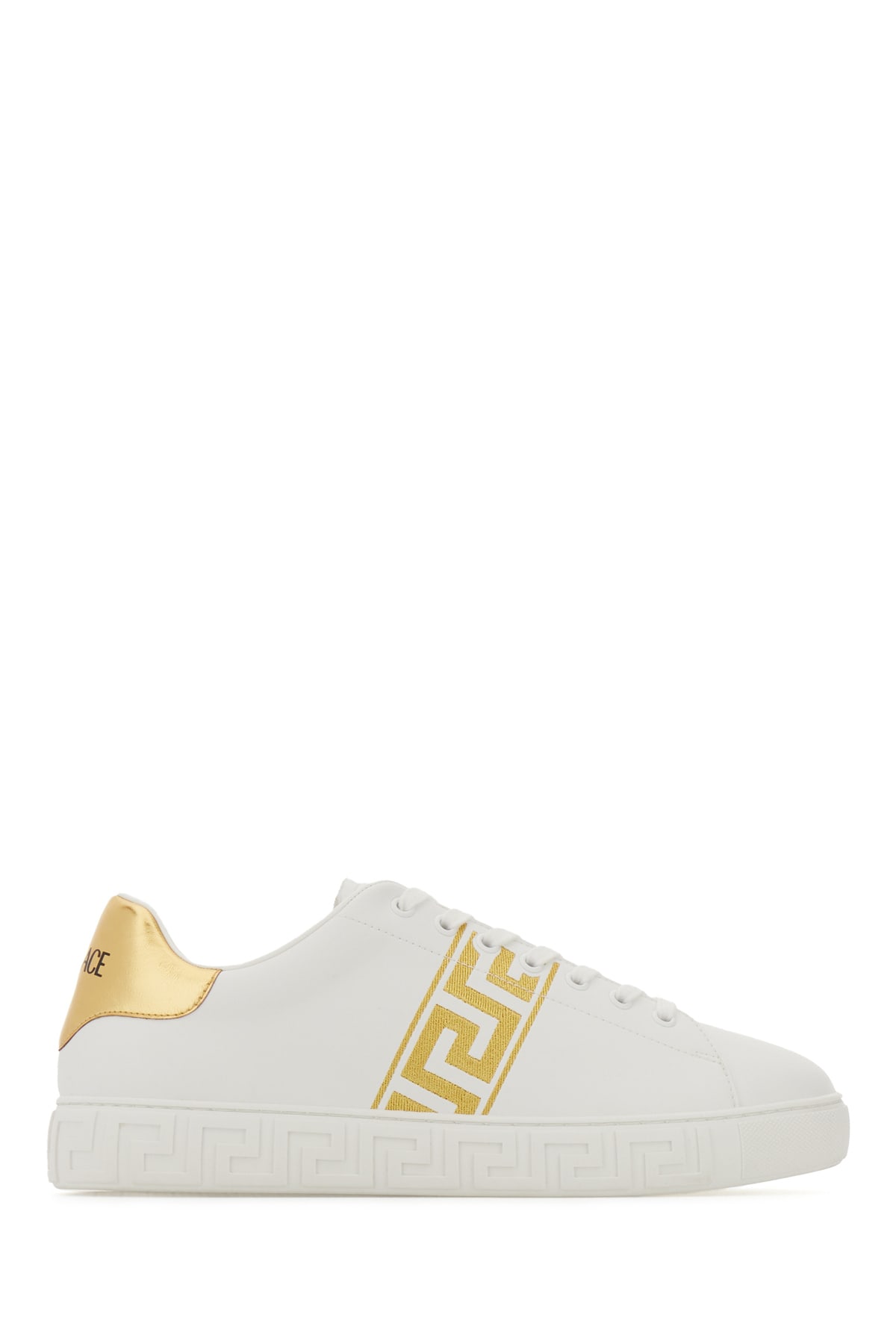 Versace White Leather Greca Sneakers In White Gold