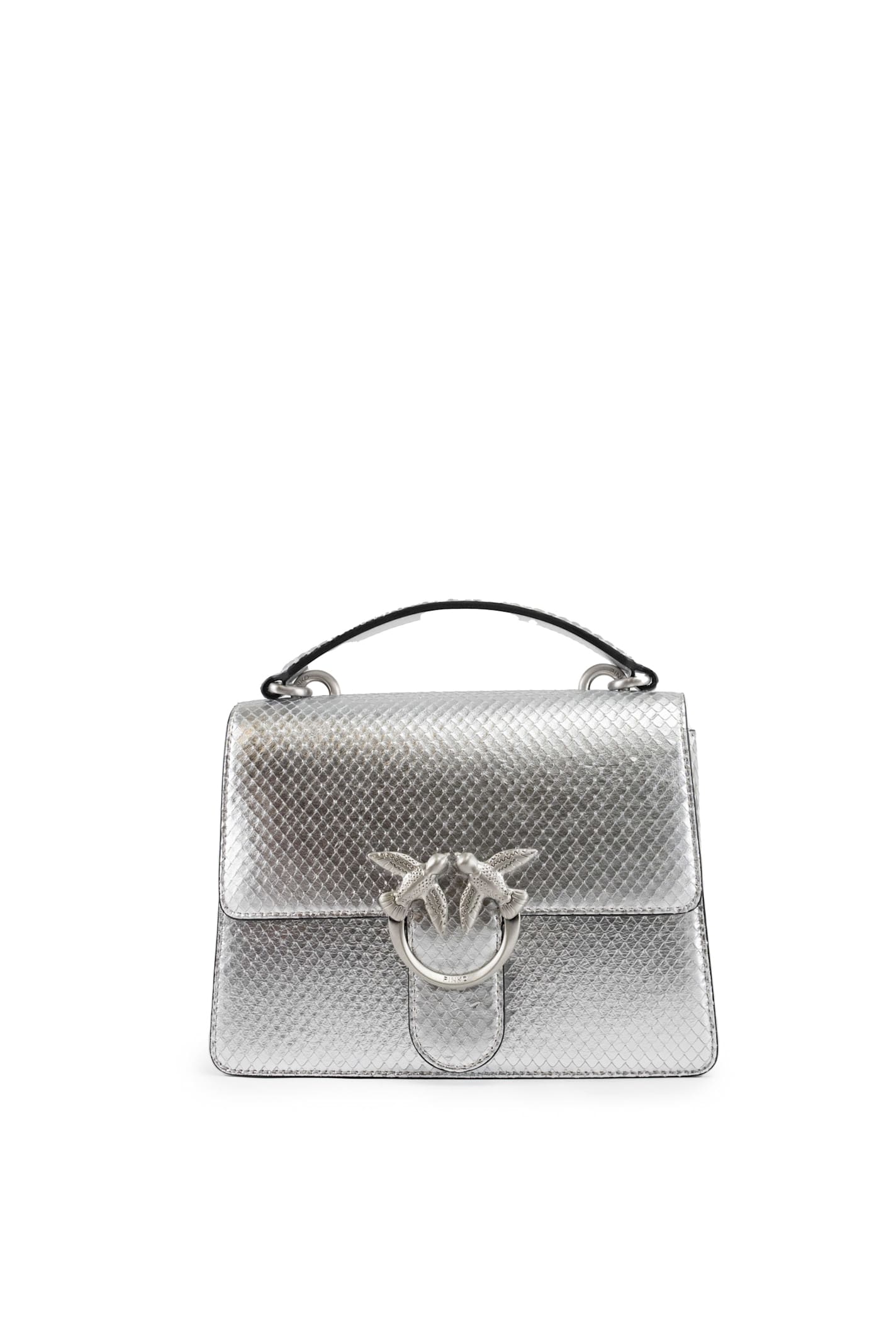 Shop Pinko Silver Laminated Mini Love Bag In Argento-brushed Silver