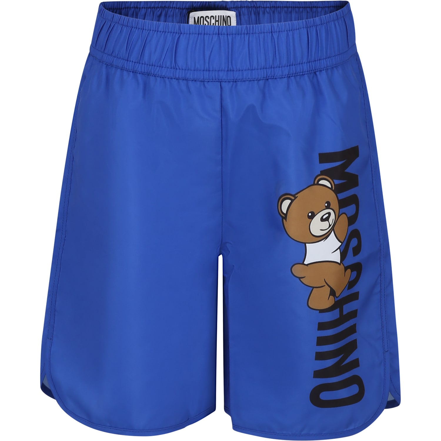 Shop Moschino Blue Swim Shorts For Boy With Teddy Bear And Logo