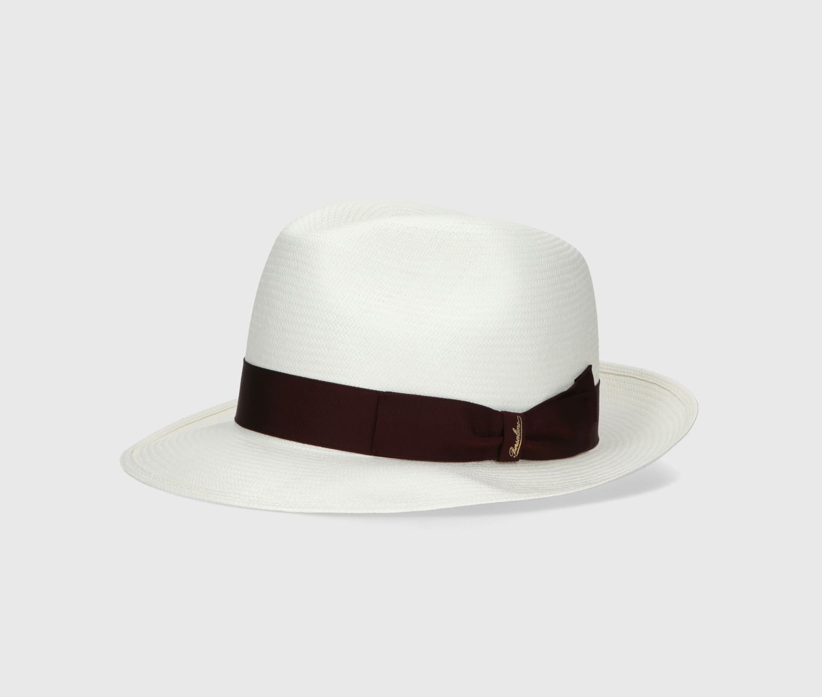 Borsalino Federico Panama Fine Medium Brim In White, Wine Red Hat Band