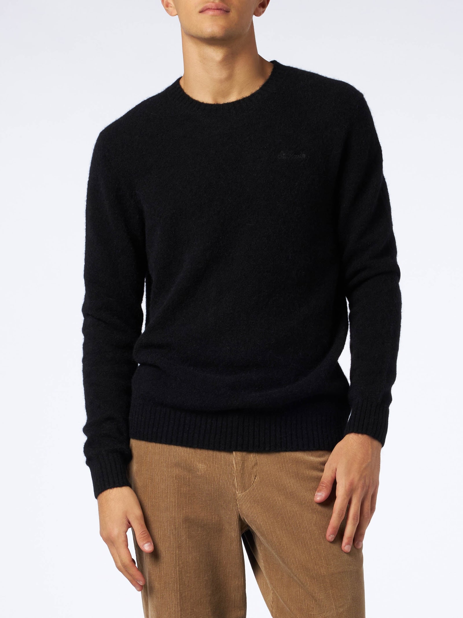 MC2 SAINT BARTH MAN BLACK STRETCH WOOL SWEATER WITH ST. BARTH EMBROIDERY 