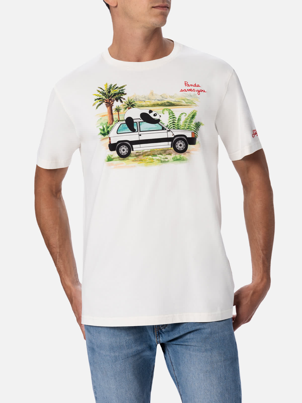 Shop Mc2 Saint Barth Man Cotton T-shirt With Panda On Panda Print And Embroidery Fiat Panda Special Edition In White