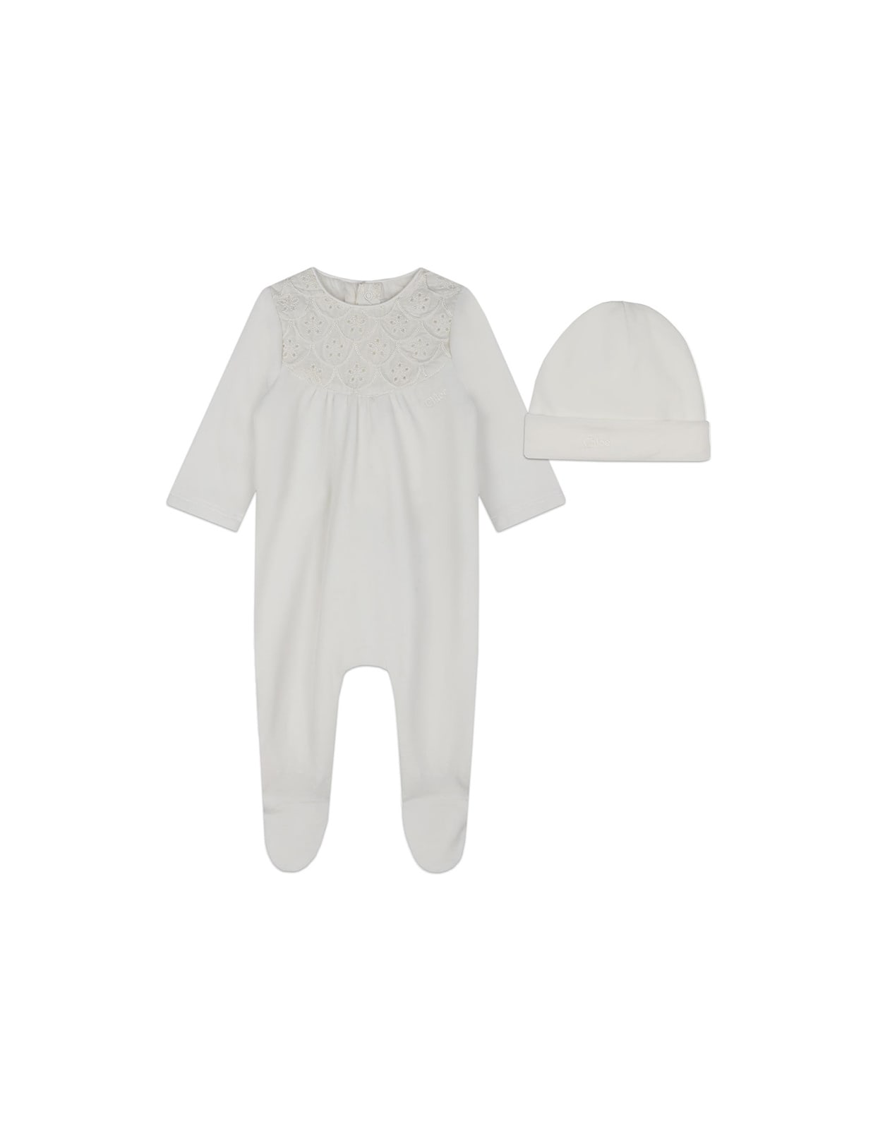 Chloé Babies' Grey Romper With Wavy And Floral Embroidery In Neutral