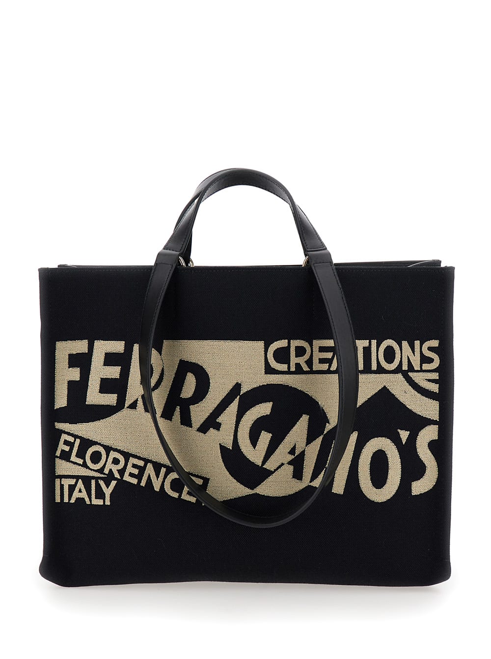 Shop Ferragamo Black Tote Bag With Lucio Venna Logo Print In Fabric Woman