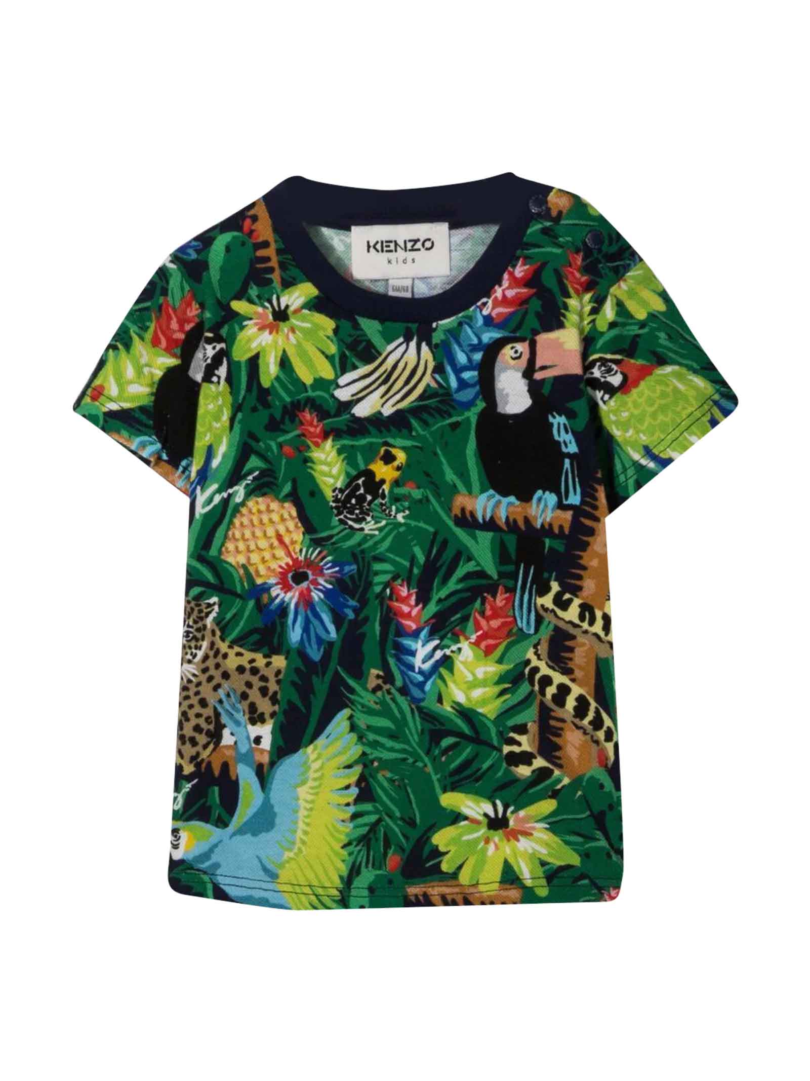 Kenzo Kids Multicolor Newborn T-shirt With All-over Graphic Print With Buttons On The Shoulder By