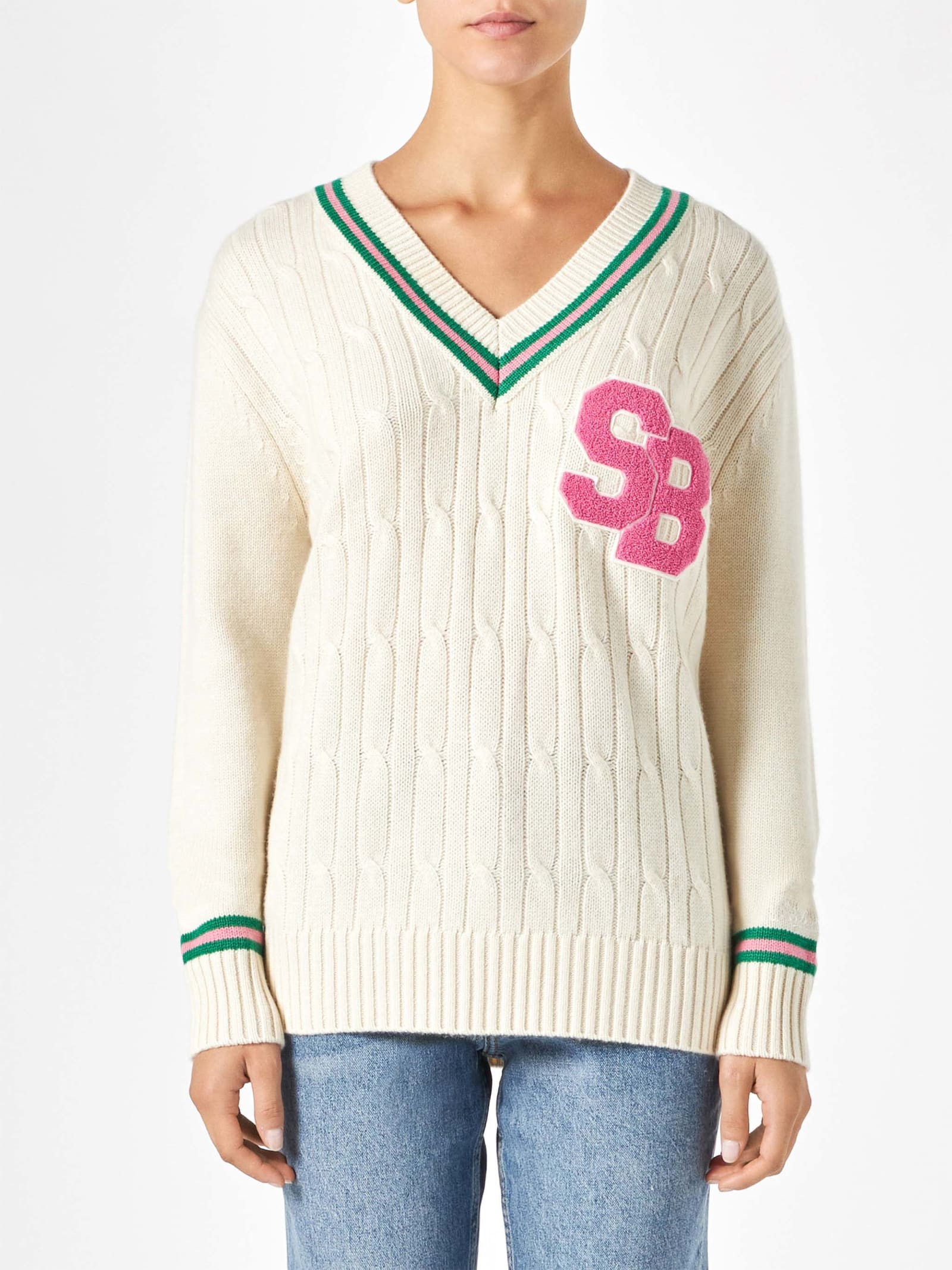 Mc2 Saint Barth Woman V-neck Braided Sweater With Patch In White