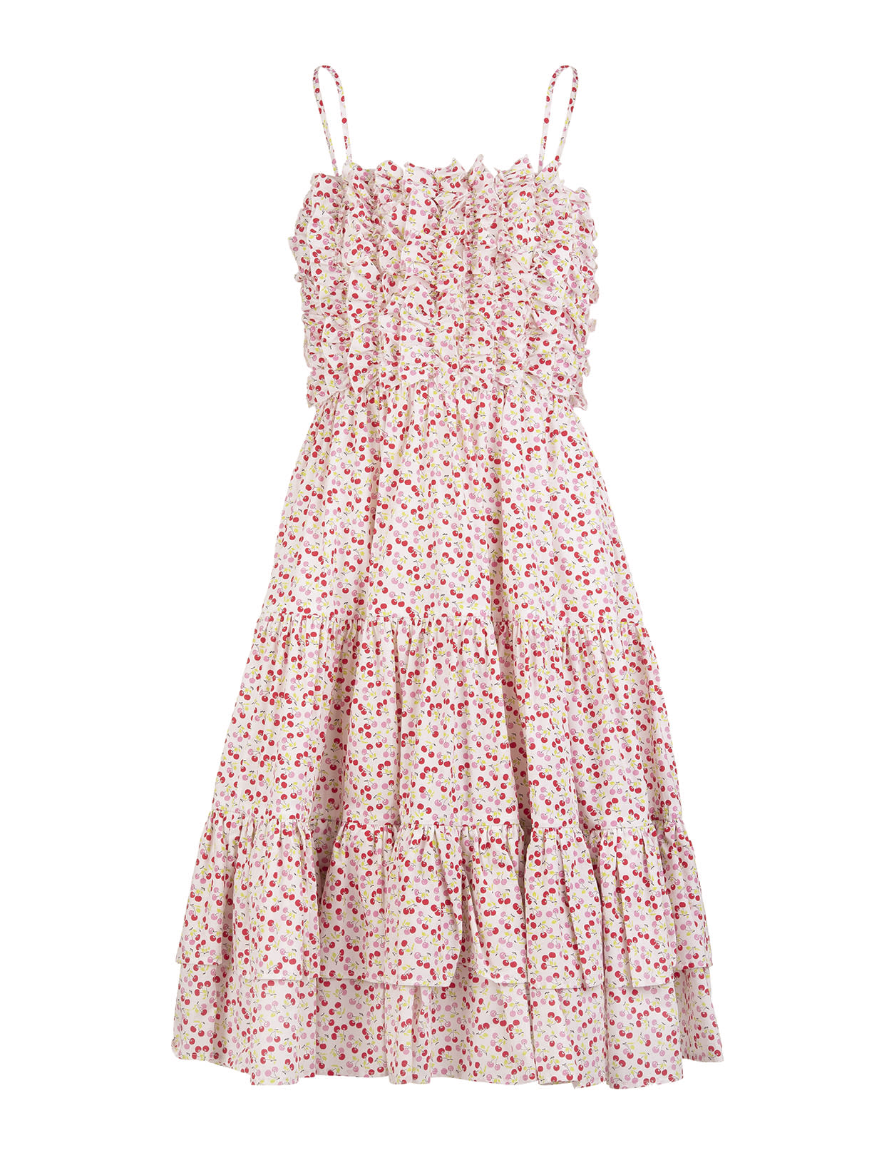 MSGM White Midi Dress With Ruffles And All-over Cherry Print
