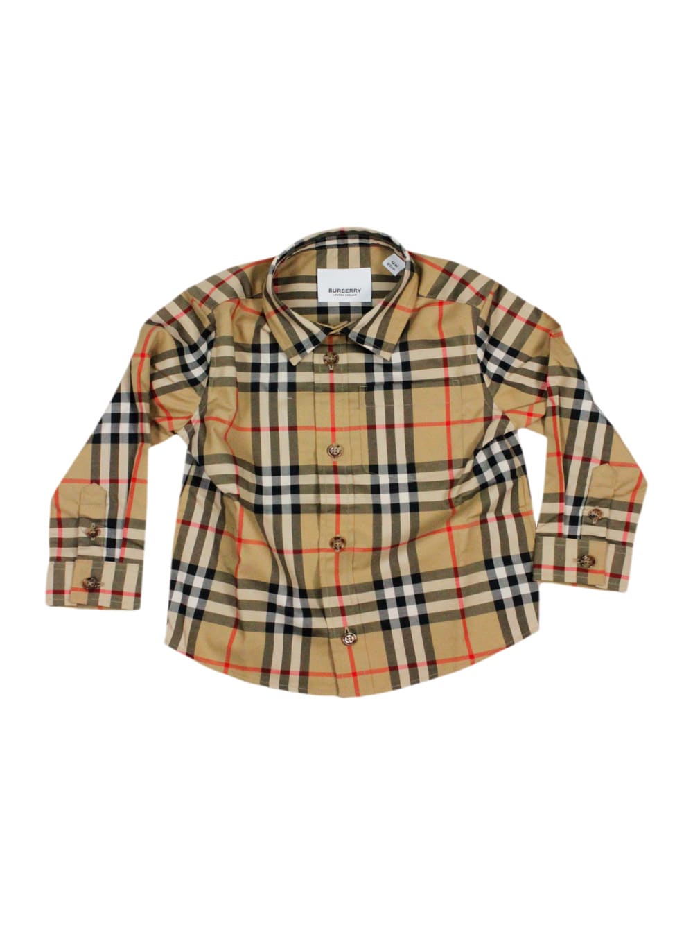 Burberry Kids' Stretch Cotton Twill Shirt With Patch Pocket On The Chest In A Vintage Check Pattern In Beige