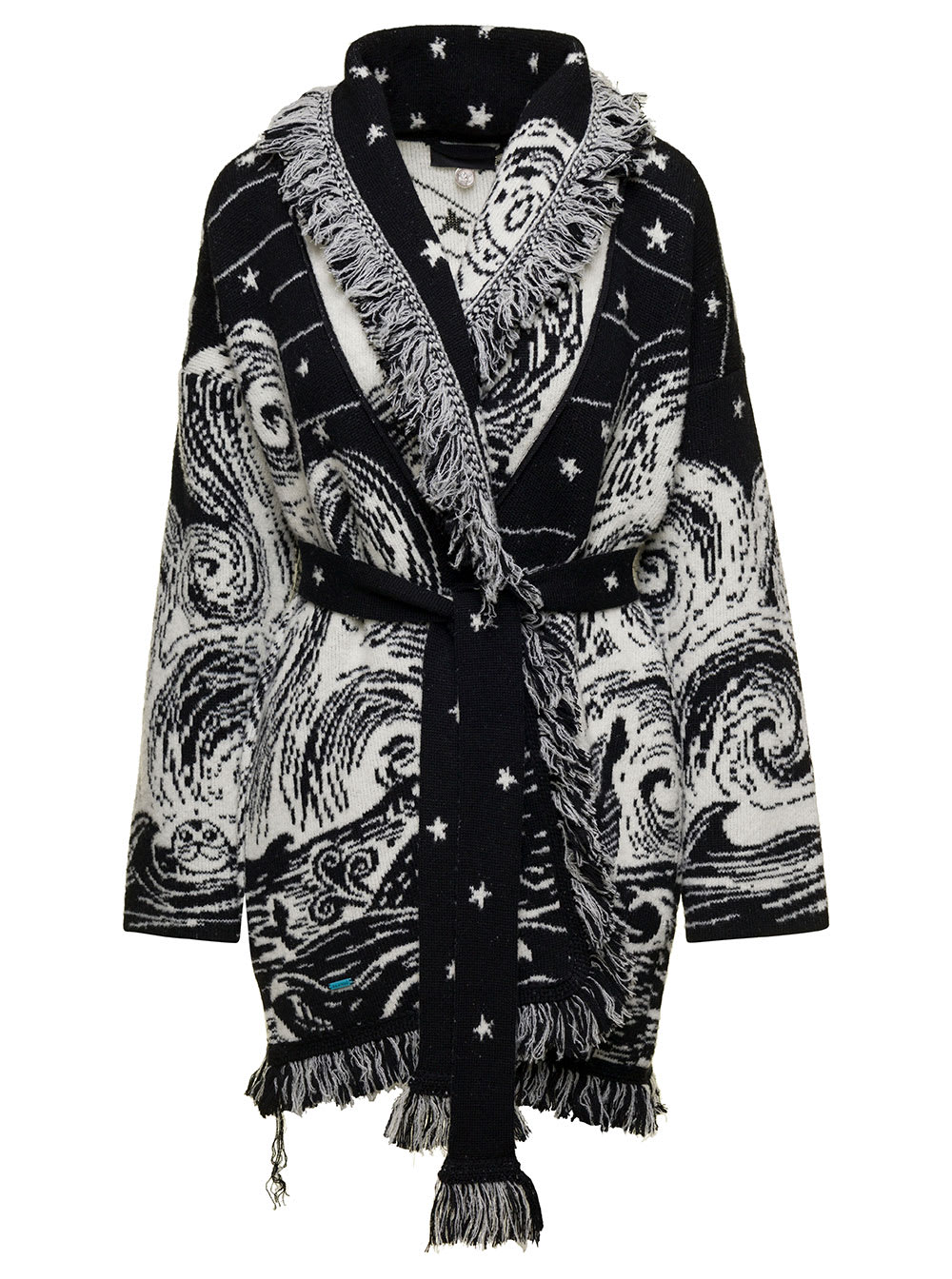 Alanui Belted Fringed Wool-blend Jacquard Cardigan In Multicolor