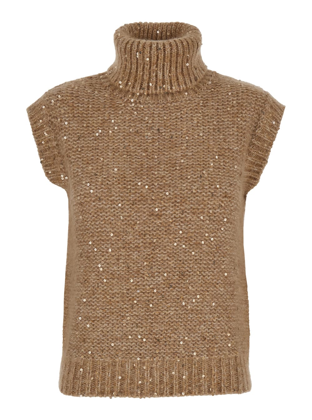 Beige Sleeveless Sweater With All-over Sequins In Cotton And Mohair Blend Woman