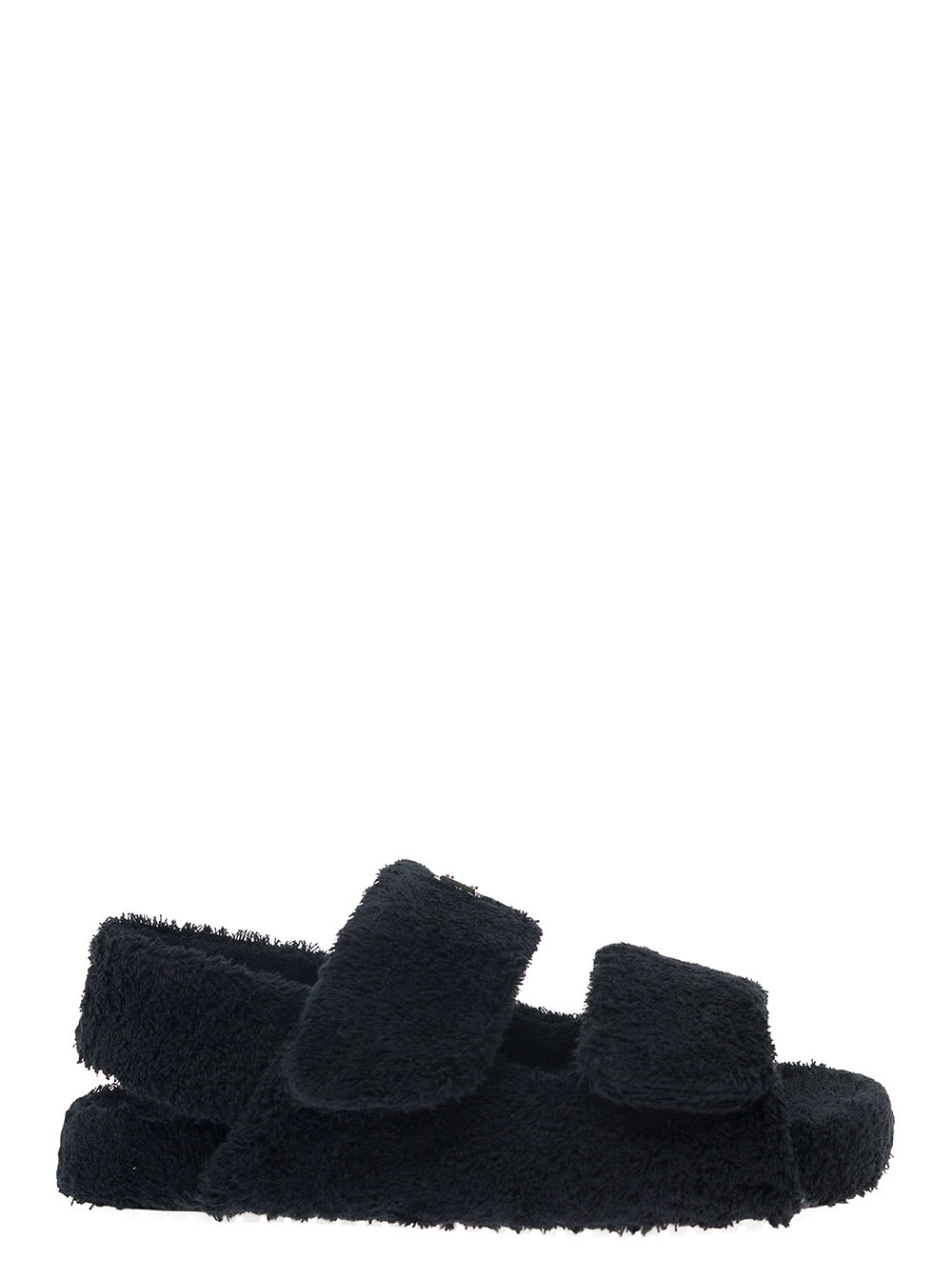 DOLCE & GABBANA BLACK SANDALS WITH LOGO PLAQUE AND HOOK-AND-LOOP FASTENING IN TERRYCLOTH MAN