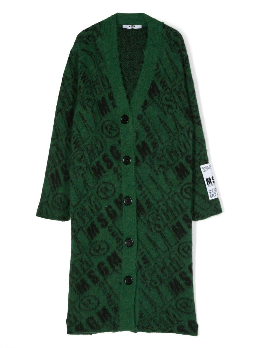 MSGM Kids Green Maxi Cardigan With All-over Logo