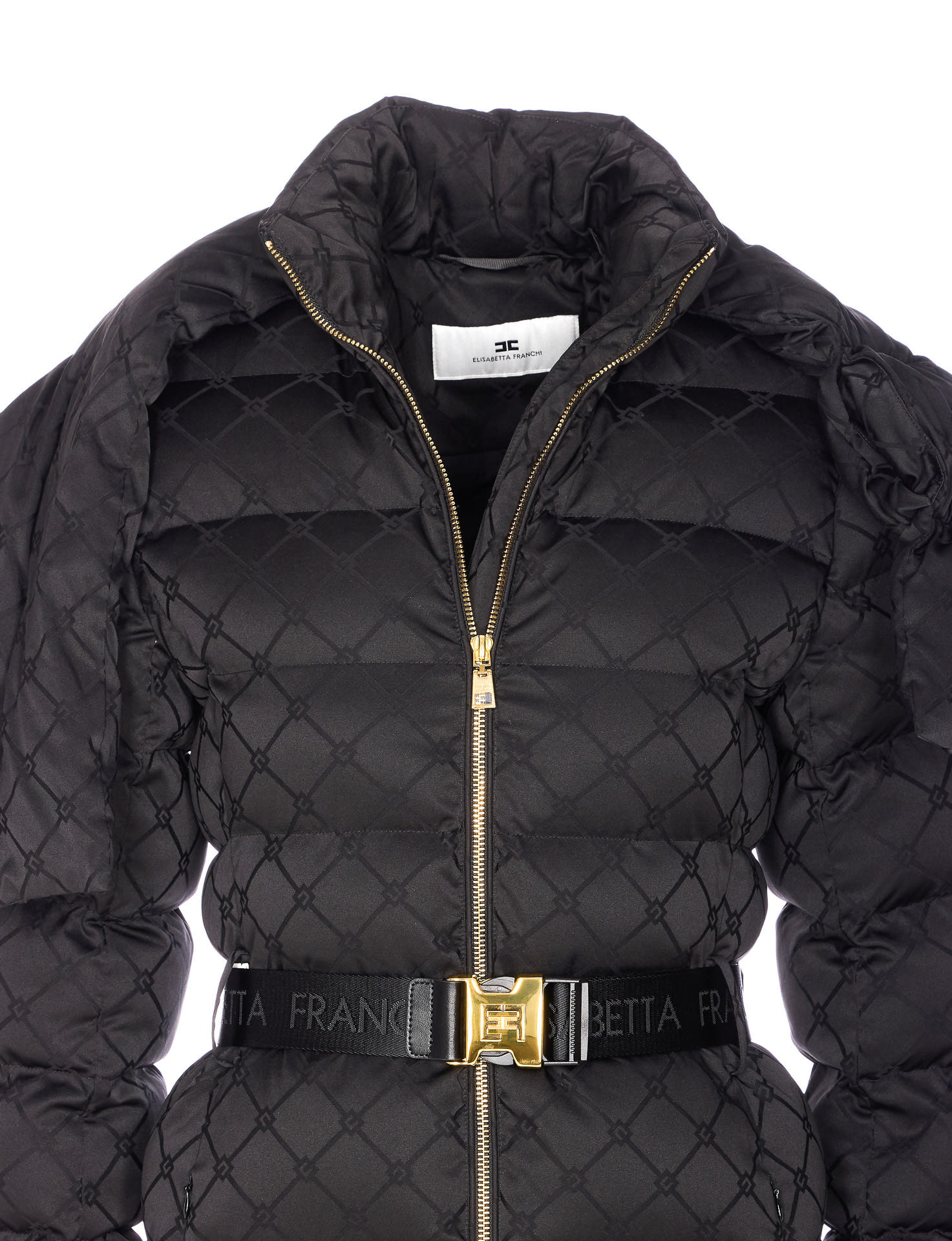 Elisabetta Franchi Quilted Coat With Belt And High Collar In Black