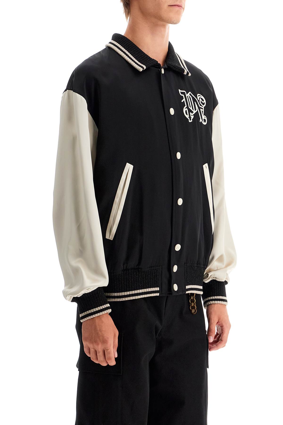 Palm Angels Satin Varsity Jacket For In Black Light Beige (black)