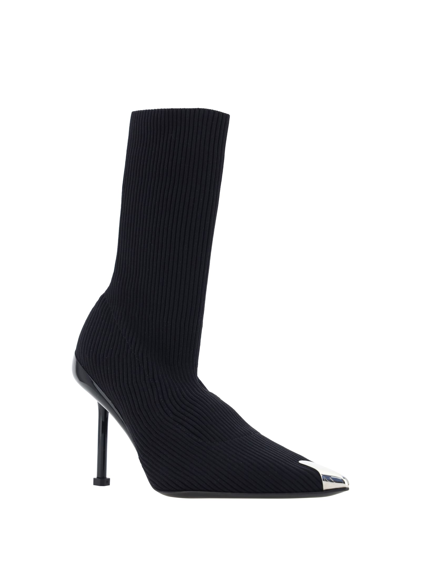 Shop Alexander Mcqueen Slash Knitted Ankle Boots In Black/silver In Nero