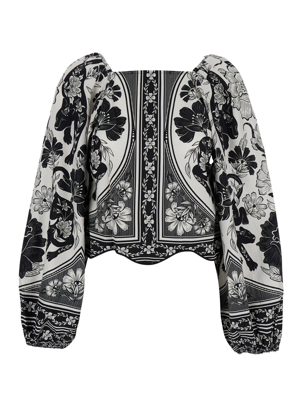 flower Leopard Black And White Blouse With Boat Neckline And All-over Floral Print In Cotton Woman