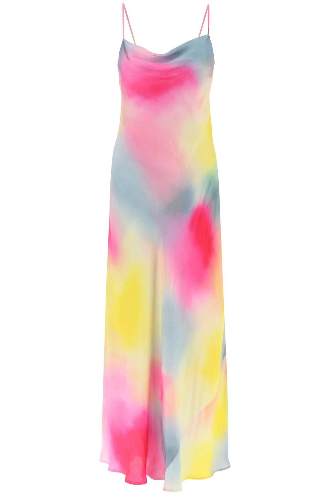 Shop Msgm Watercolour Cowl Neck Maxi Dress In Pink/yellow