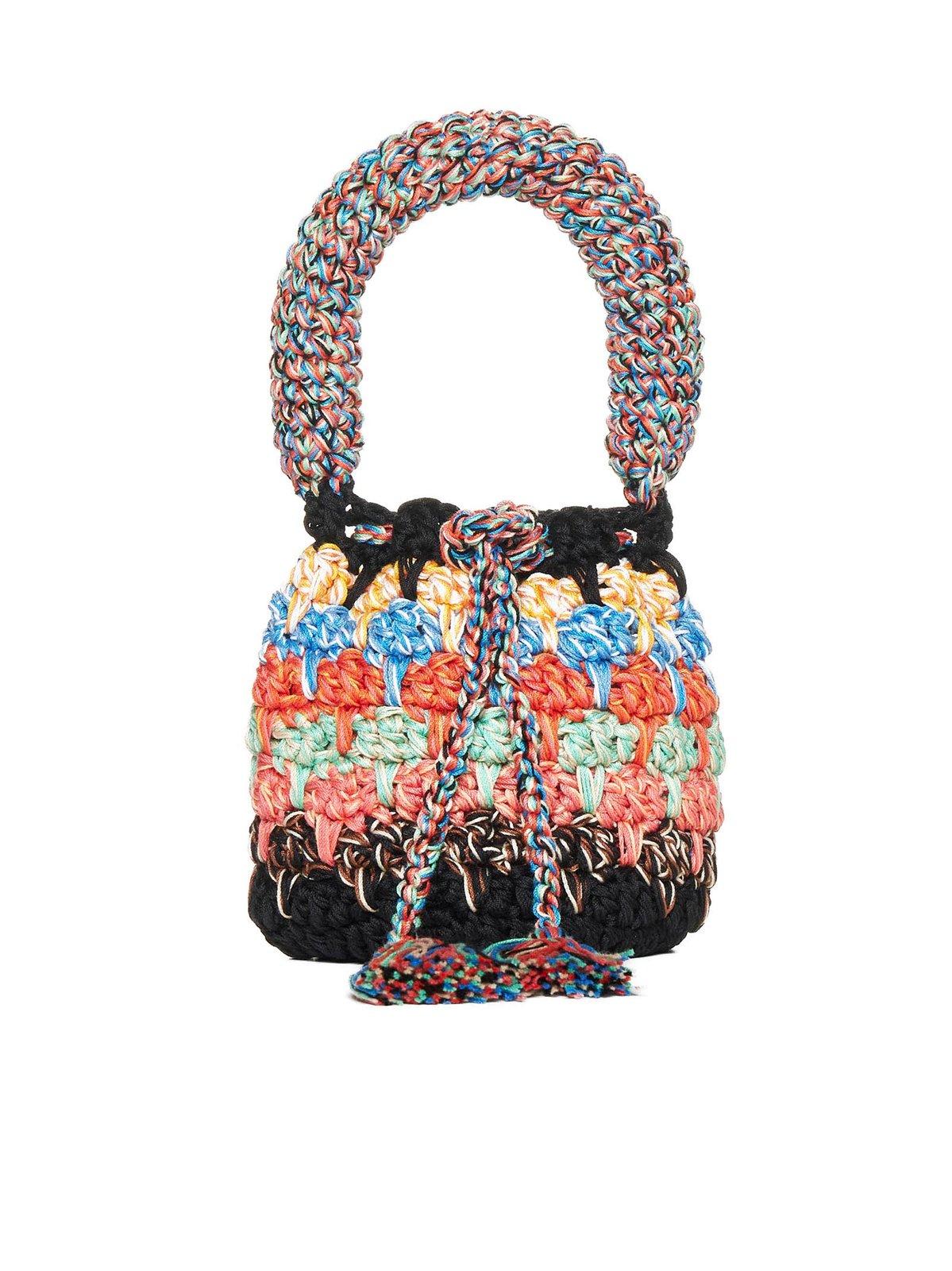 Alanui Crochet Knitted Drawstring Bucket Bag In Black
