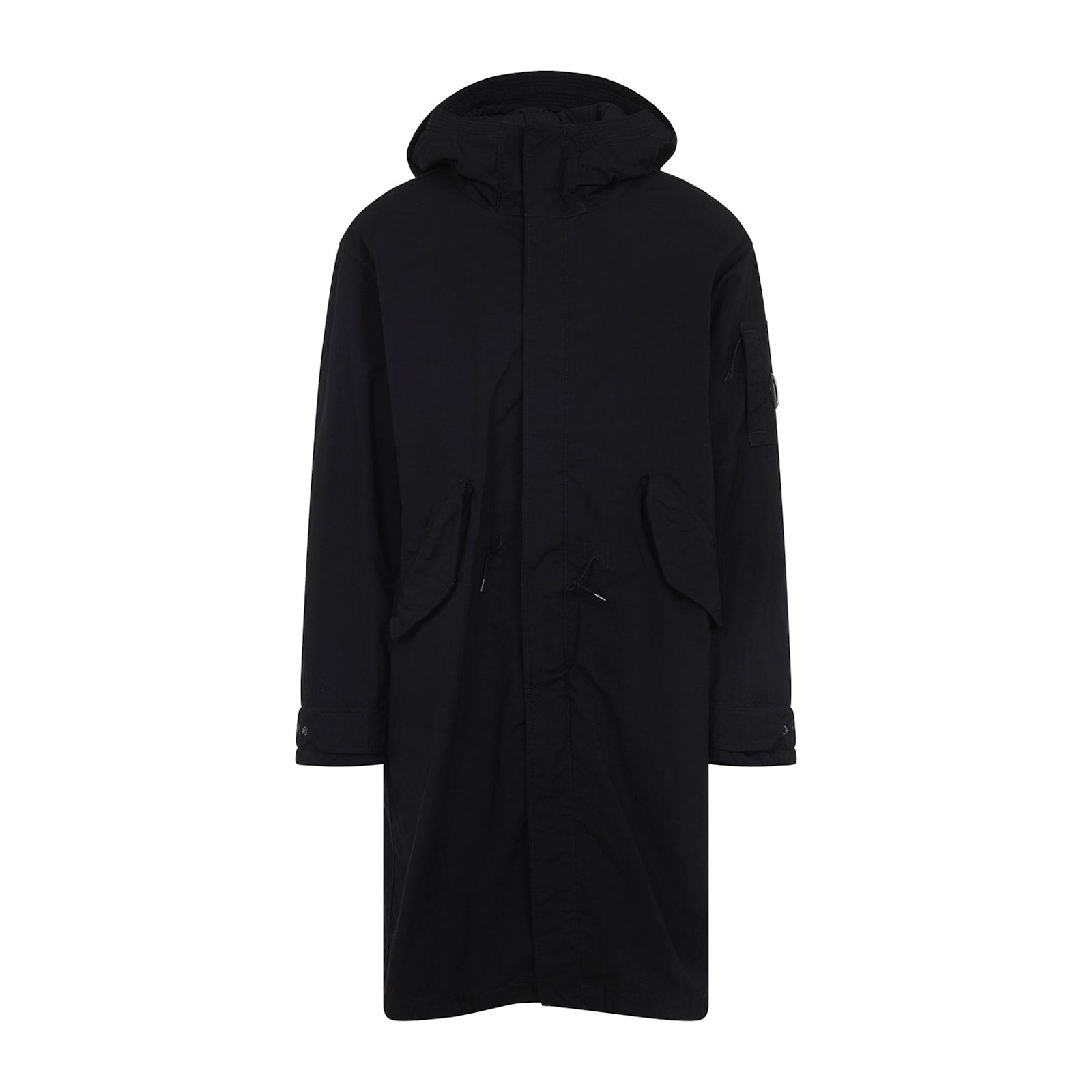C.p. Company Long Jacket With Adjustable Cuffs And Hood In Black