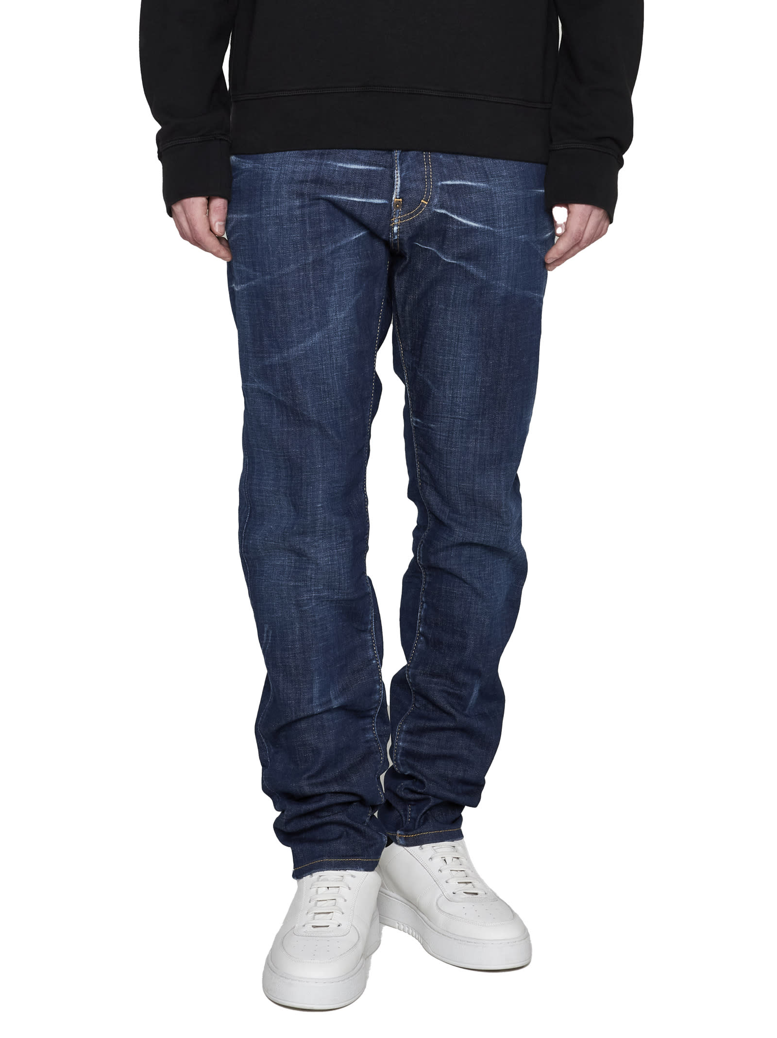 Dsquared2 Five Pocket Stretch Denim Trousers With Localized Wear Washing In Blue